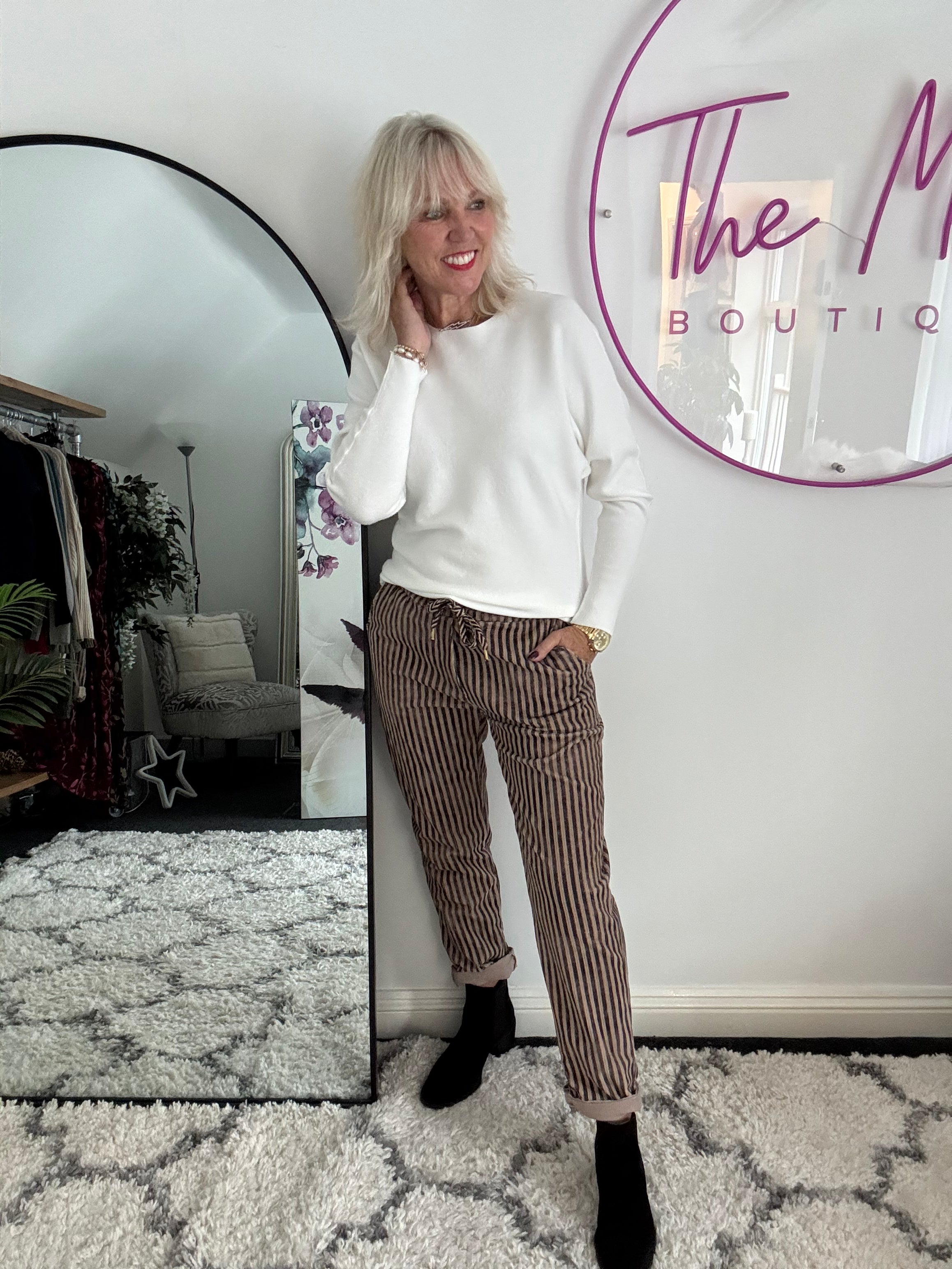 Chenille Cord Joggers in Mocha & Charcoal Stripe