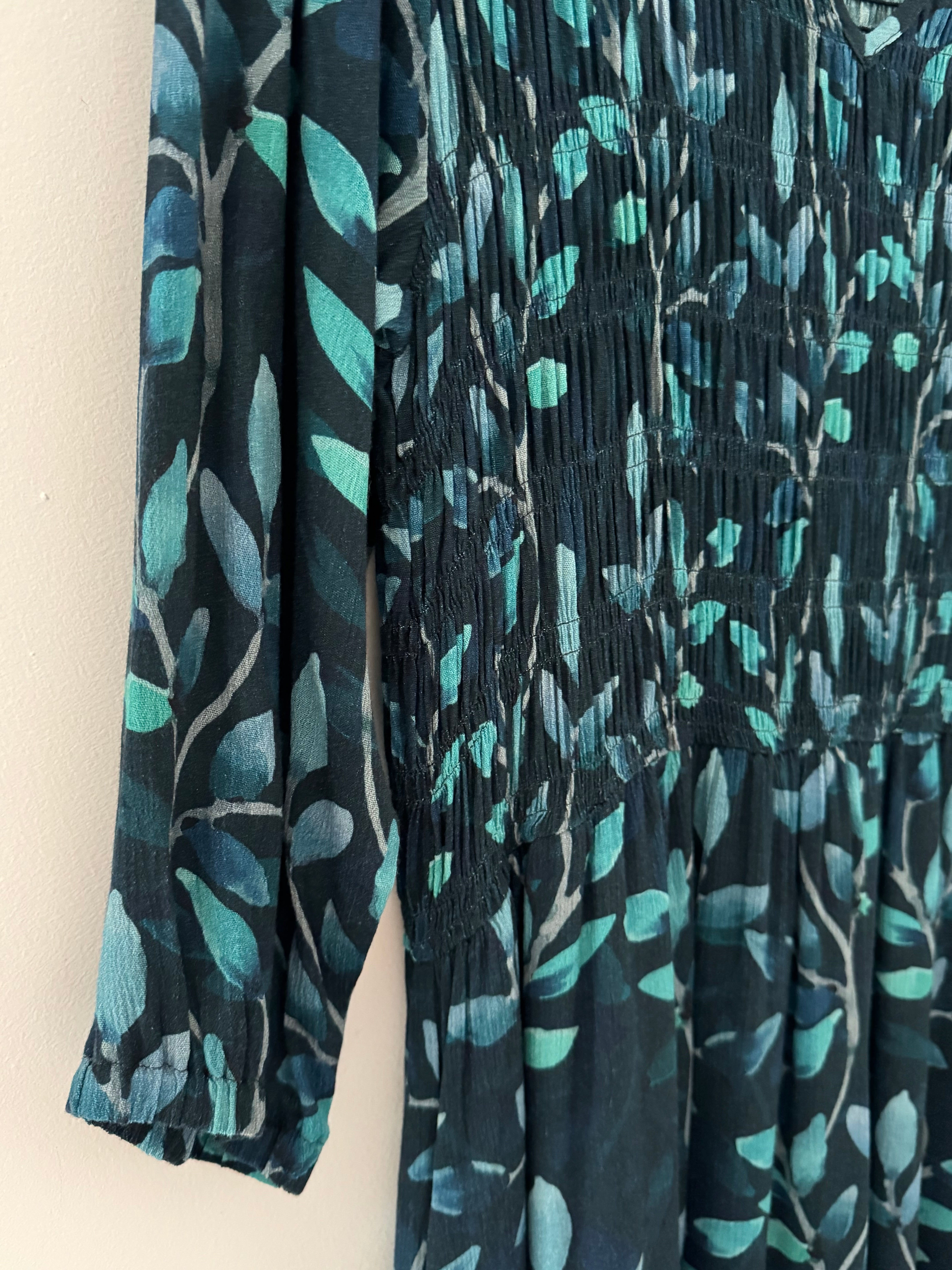 Leaf Print Dress with Shirred Bodice in Teal