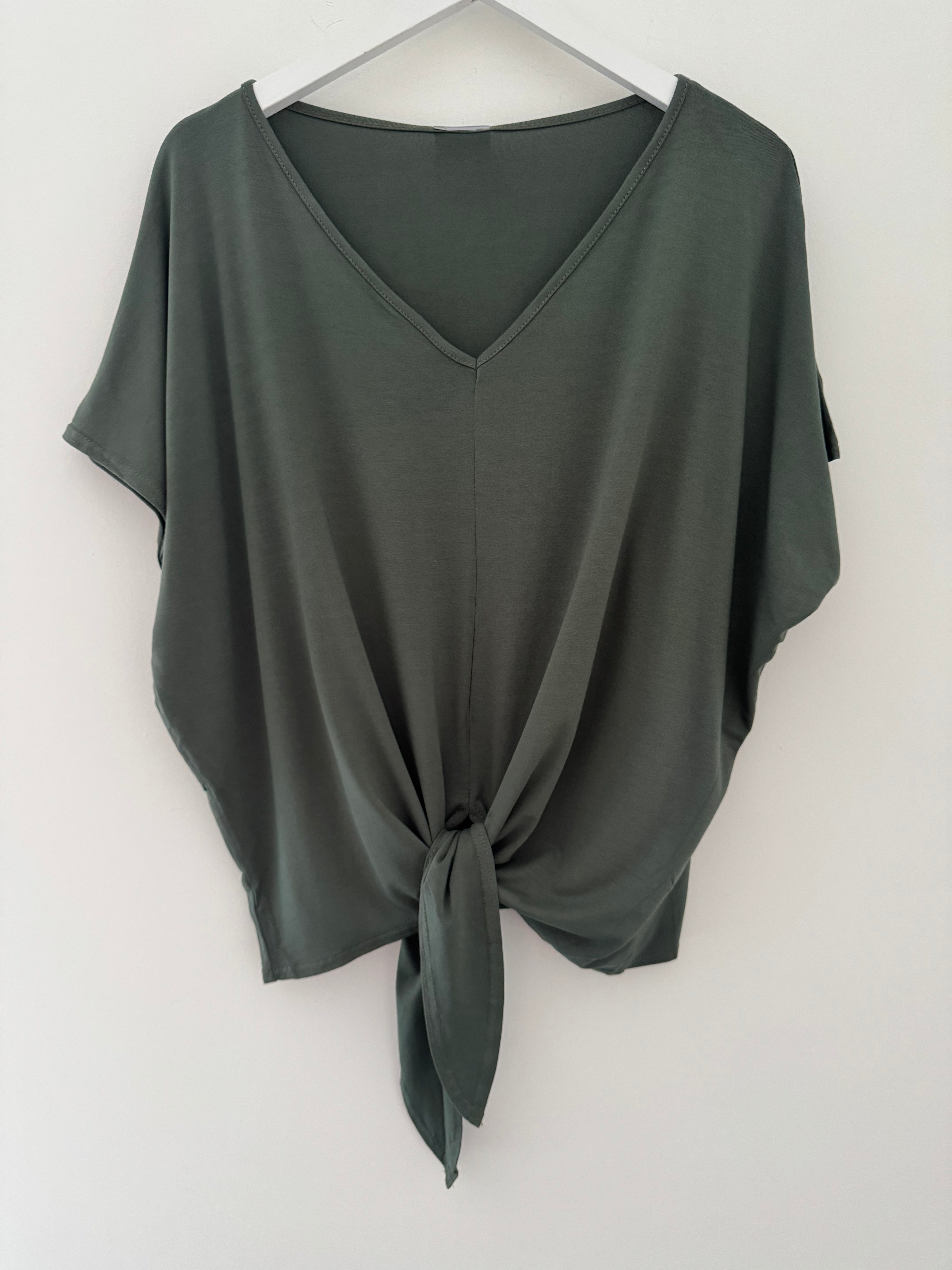 Tie Front Cotton Jersey Top in Khaki