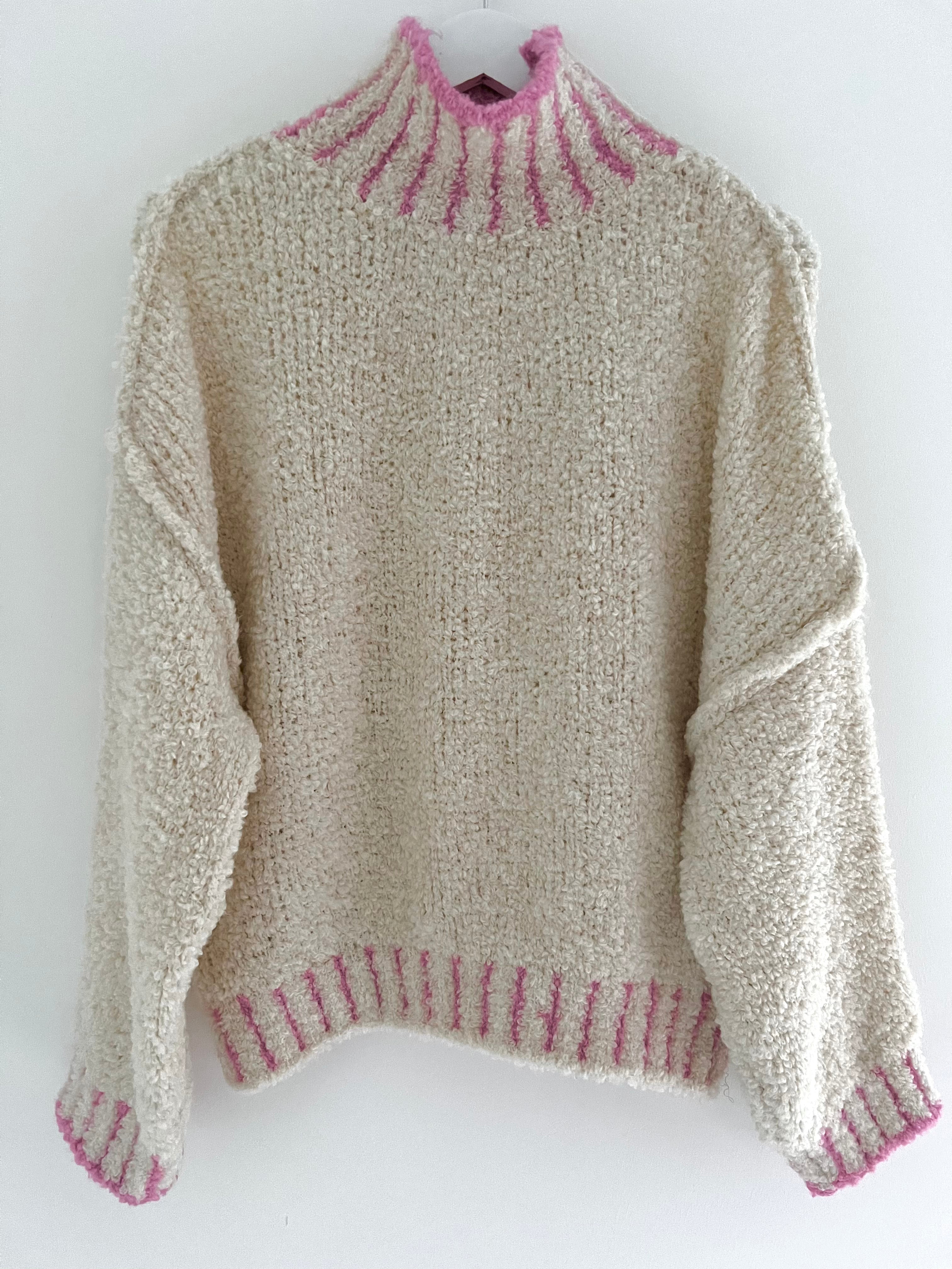 Funnel Neck Boucle Jumper in Vanilla & Pink