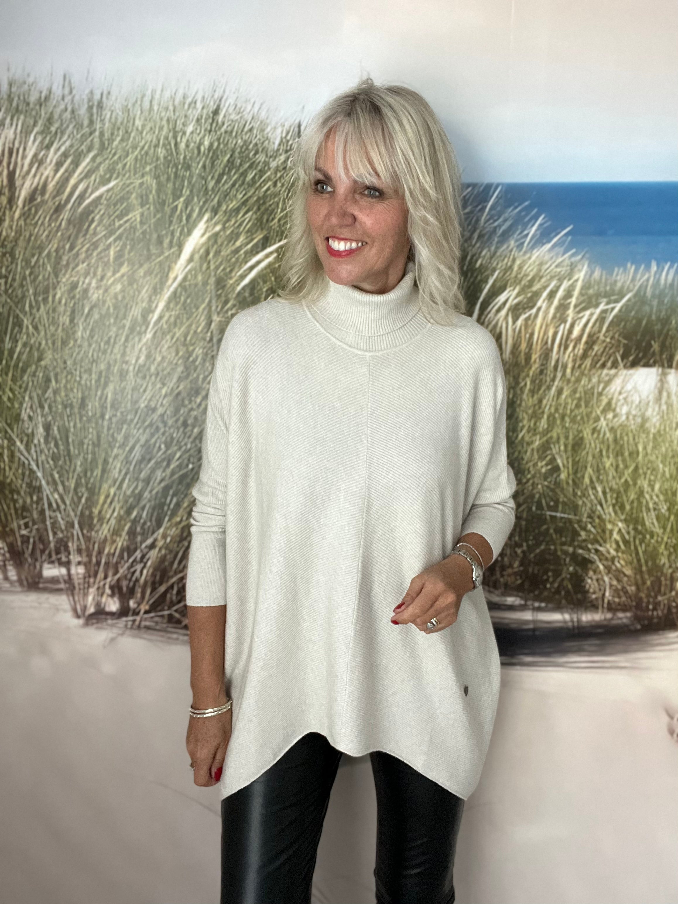 Fine Ribbed Roll Neck Poncho Jumper in Stone