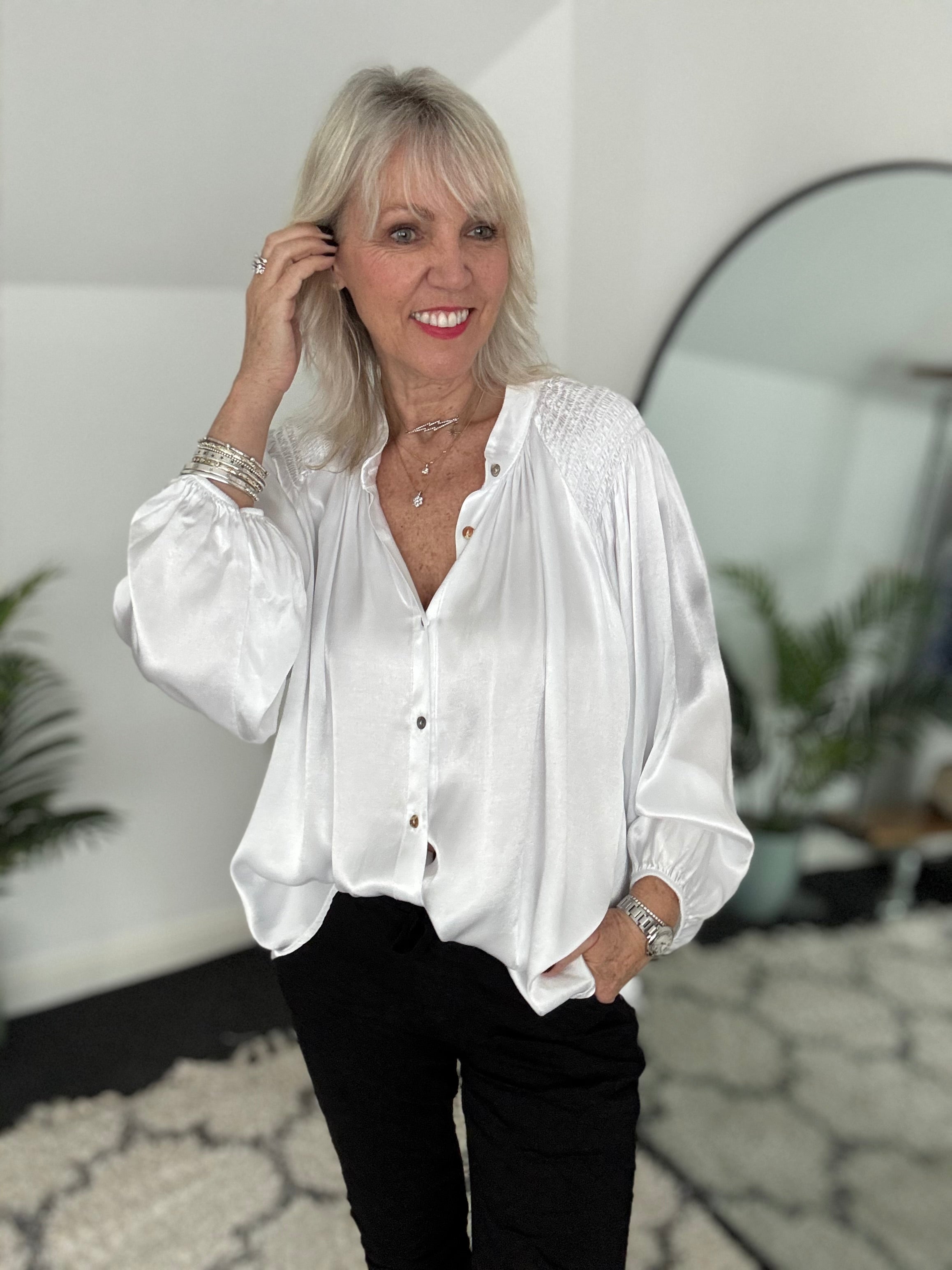 Silky Shirred Blouse in White