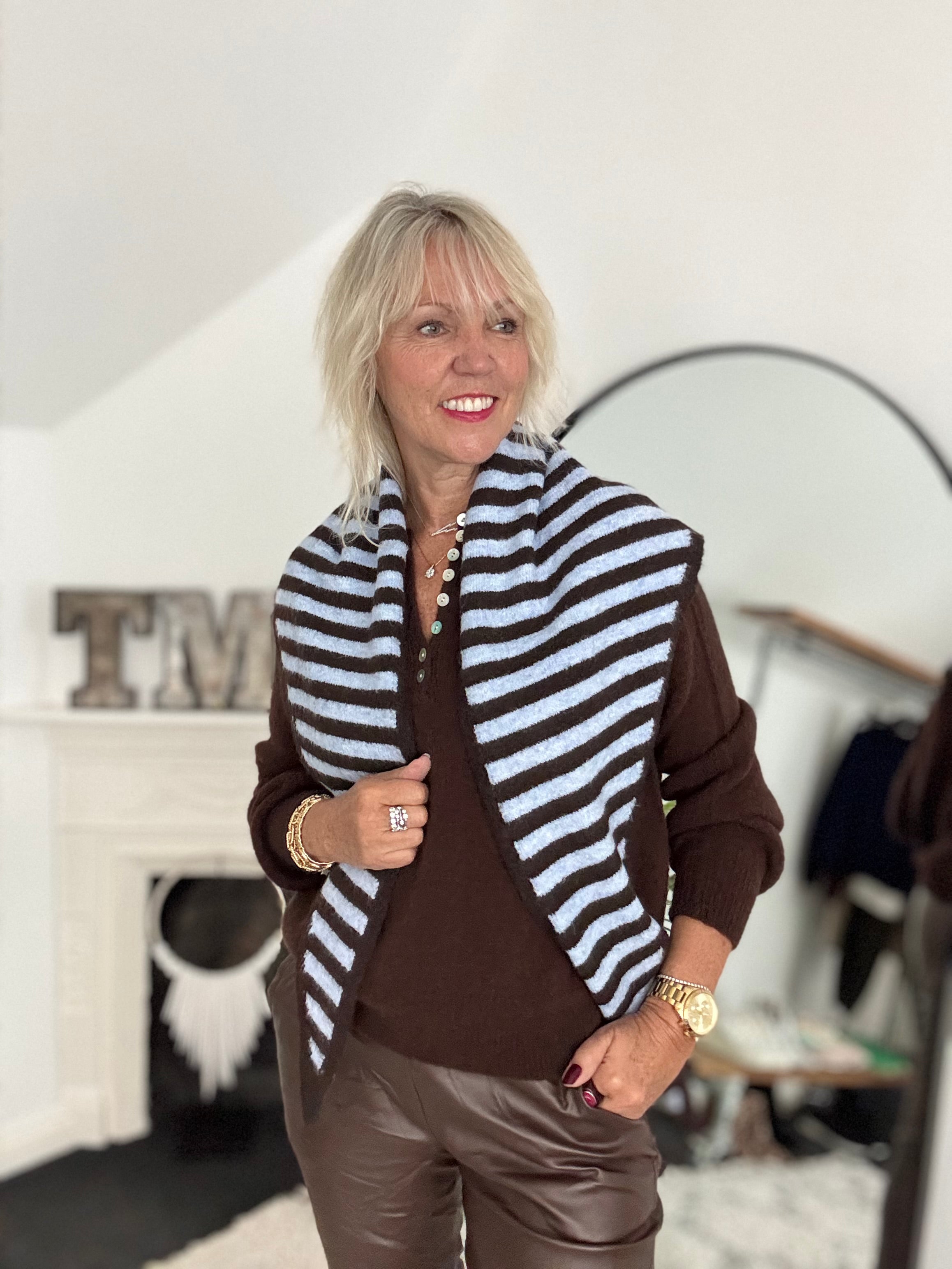 Triangle Scarf in Blue & Cocoa Stripe