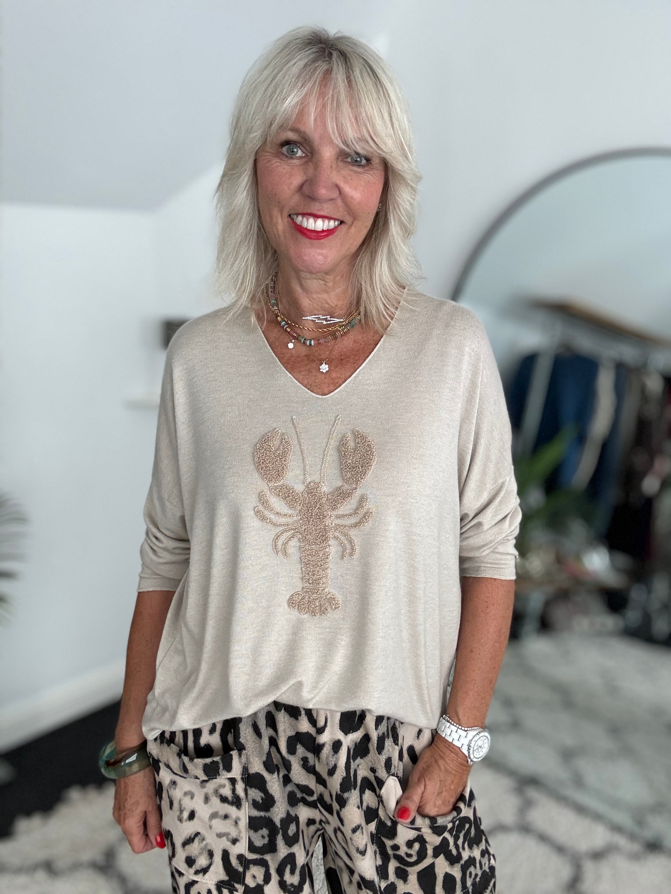Soft V Neck Lobster Knit in Stone