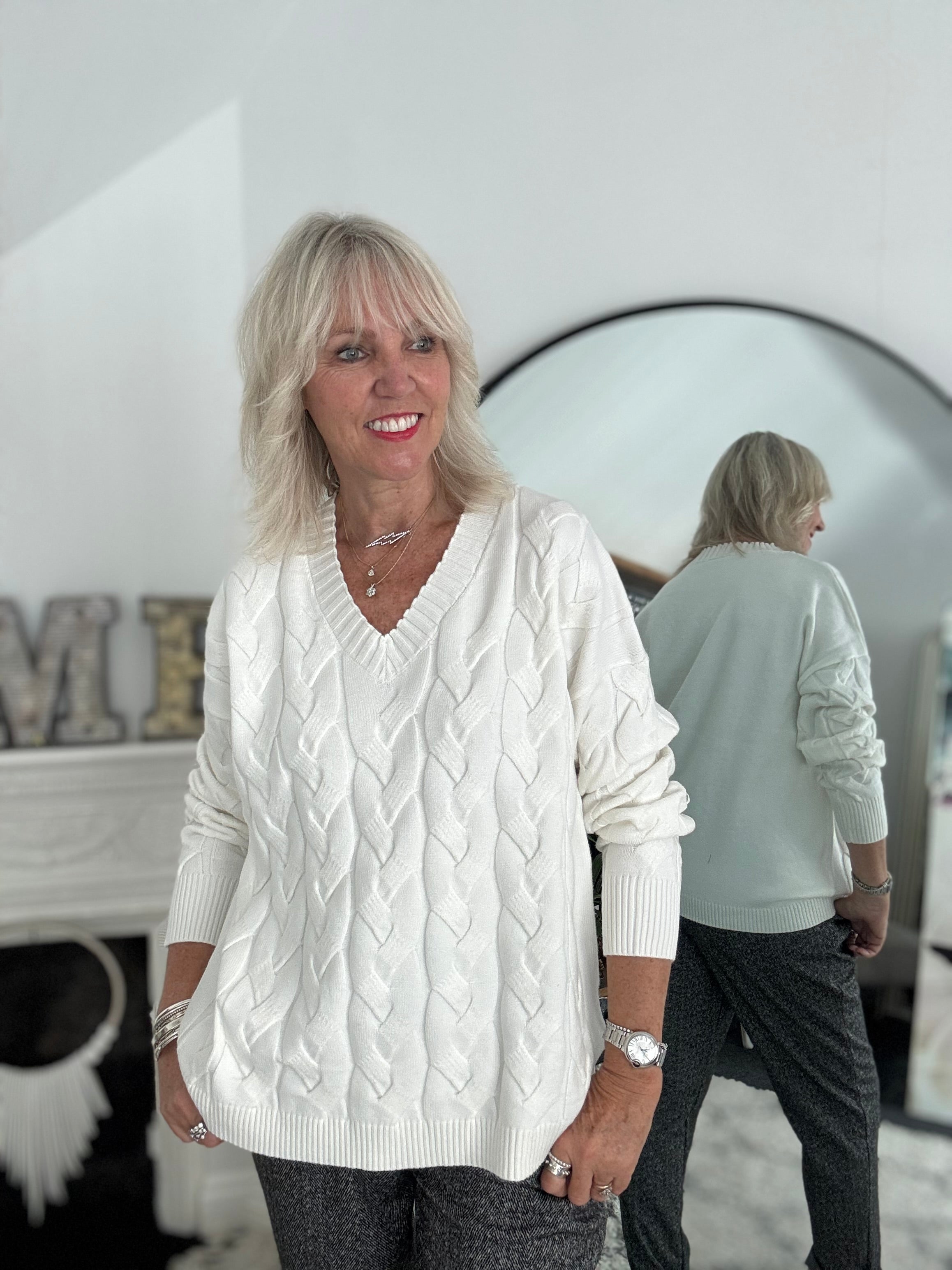 V Neck Cable Jumper in Winter White