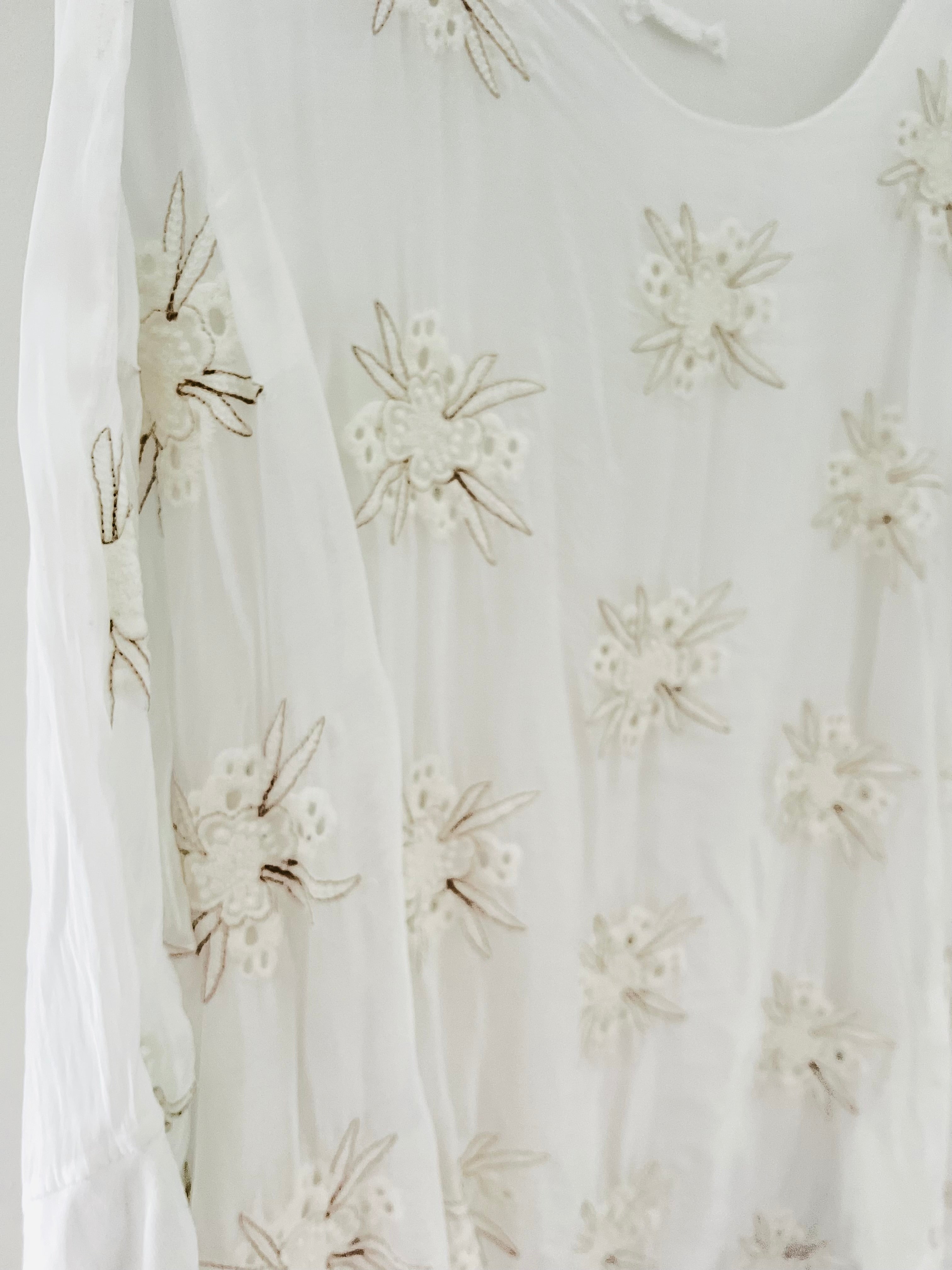 Long Silk Blouse with Embroidered Flowers in Ivory