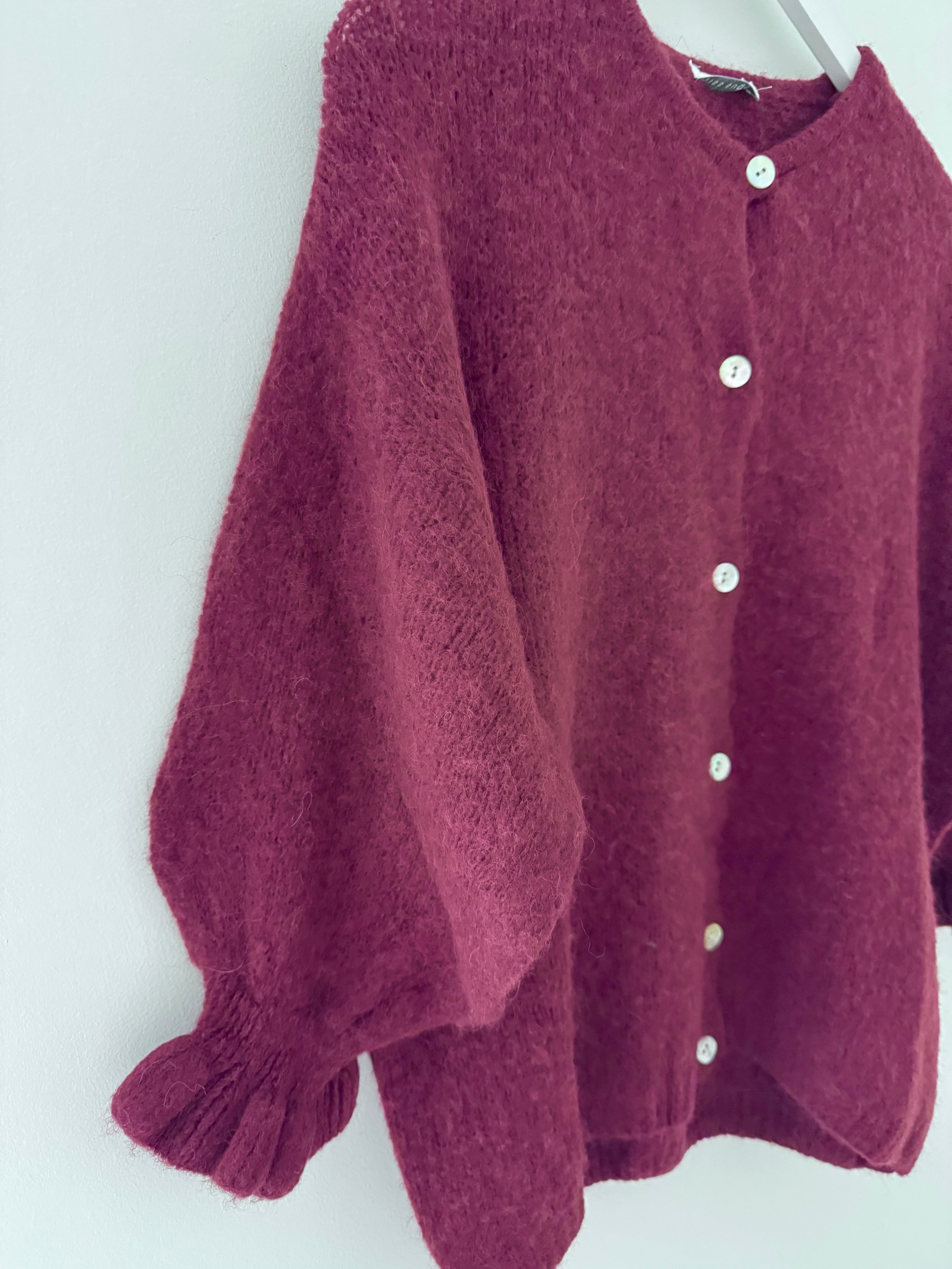 Alpaca Cardi with Frill Cuffs in Wine