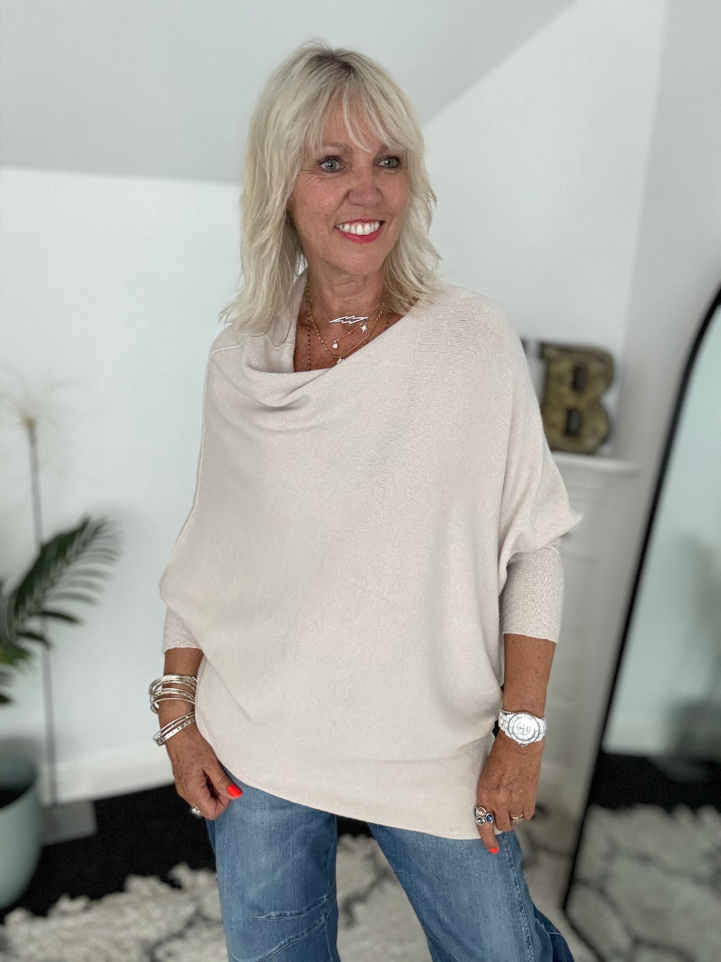Cowl Neck Asymmetric Jumper in Ecru