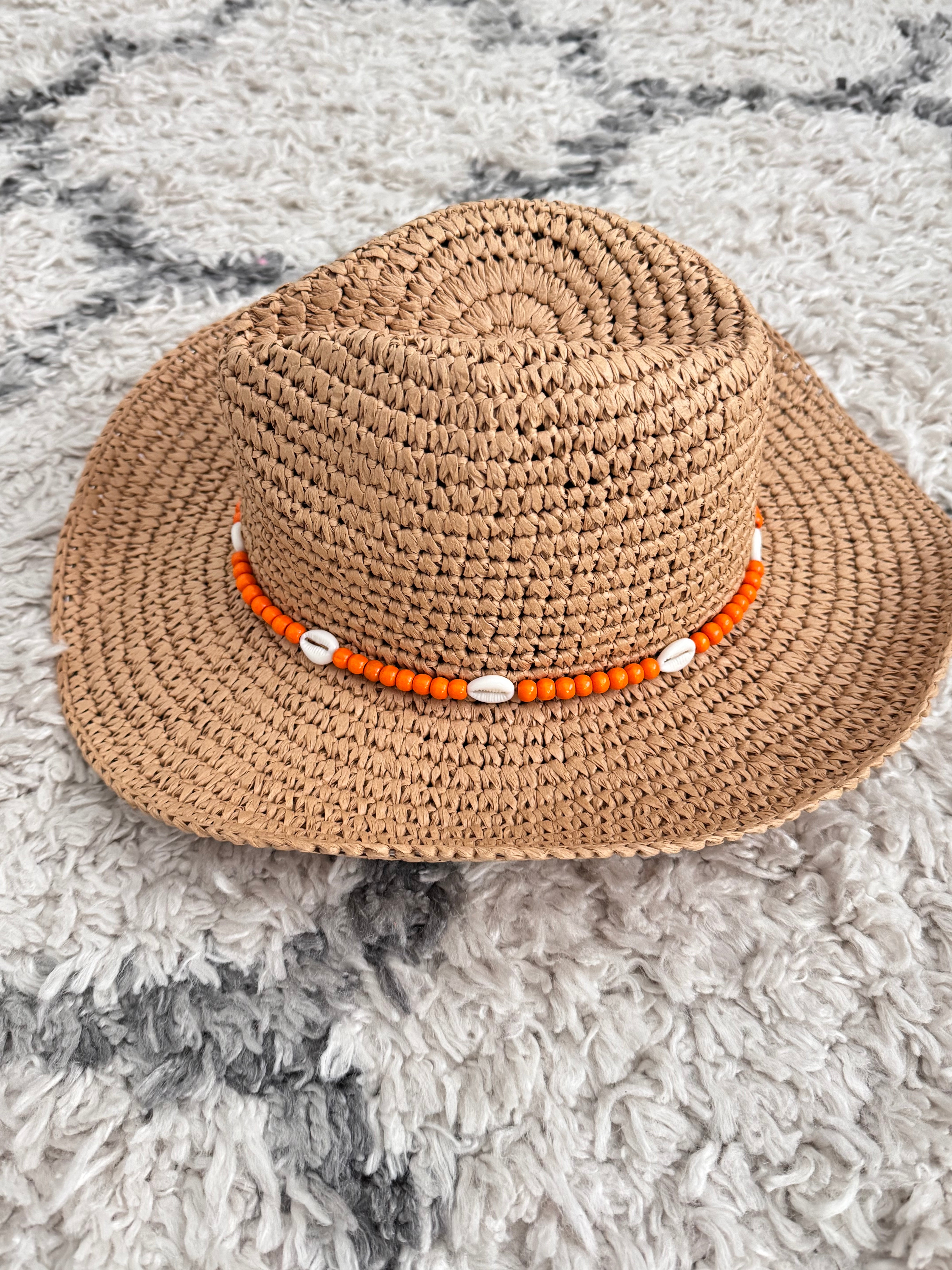 Straw Hat with Orange Bead & Shell Tie