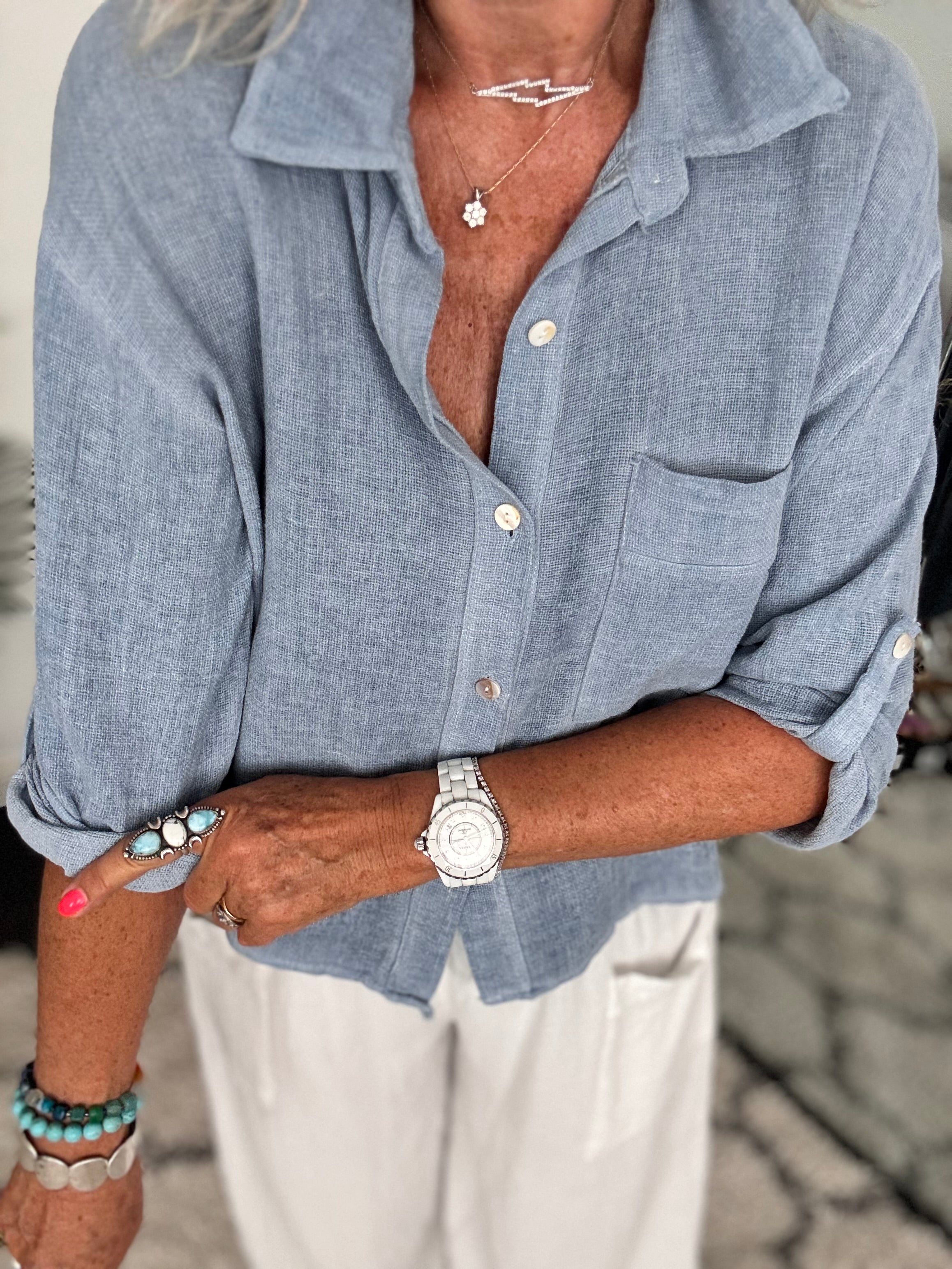 Linen & Cotton Pocket Top in Denim Blue