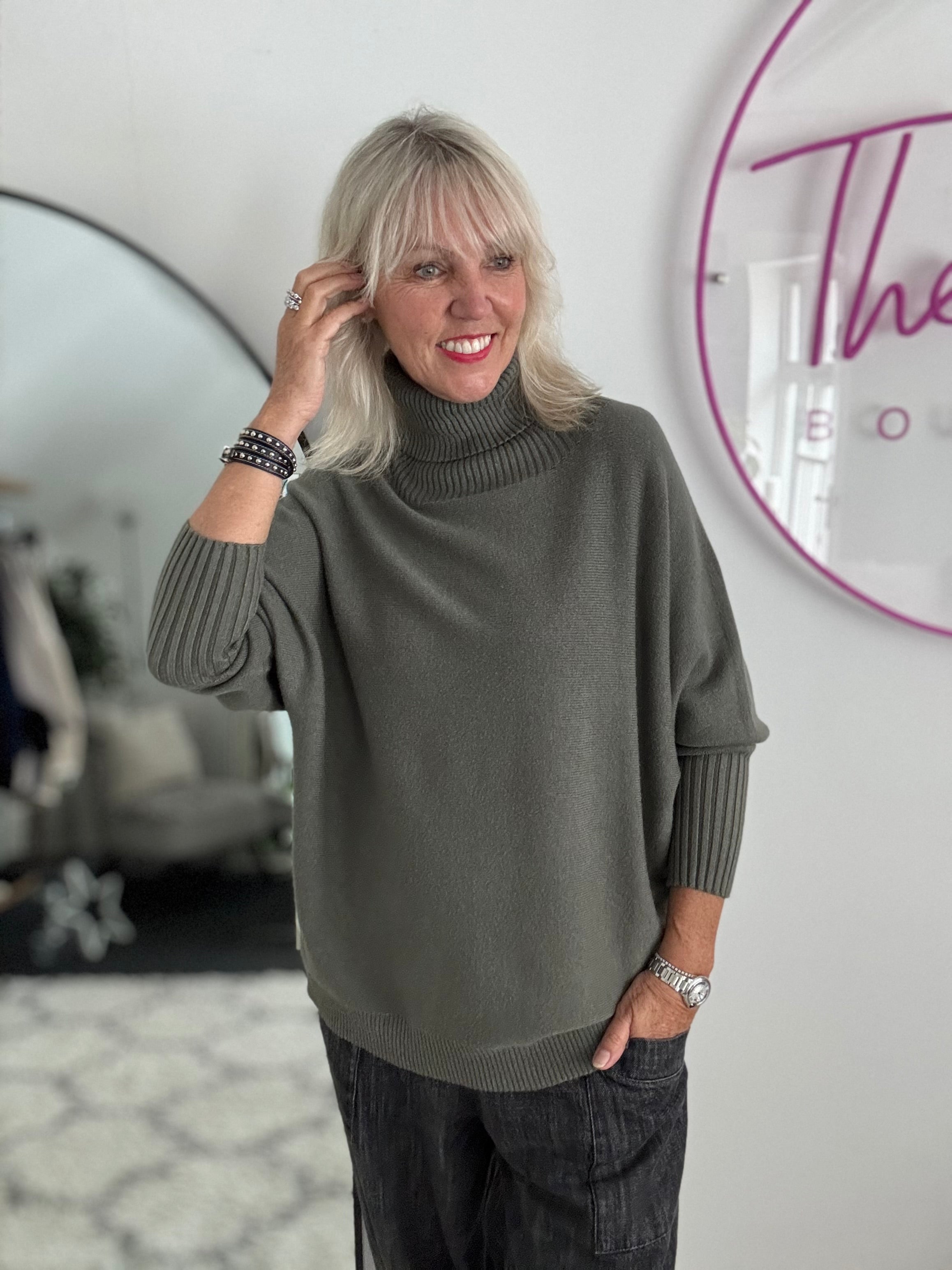 Oversized Roll Neck Poncho Jumper in Khaki