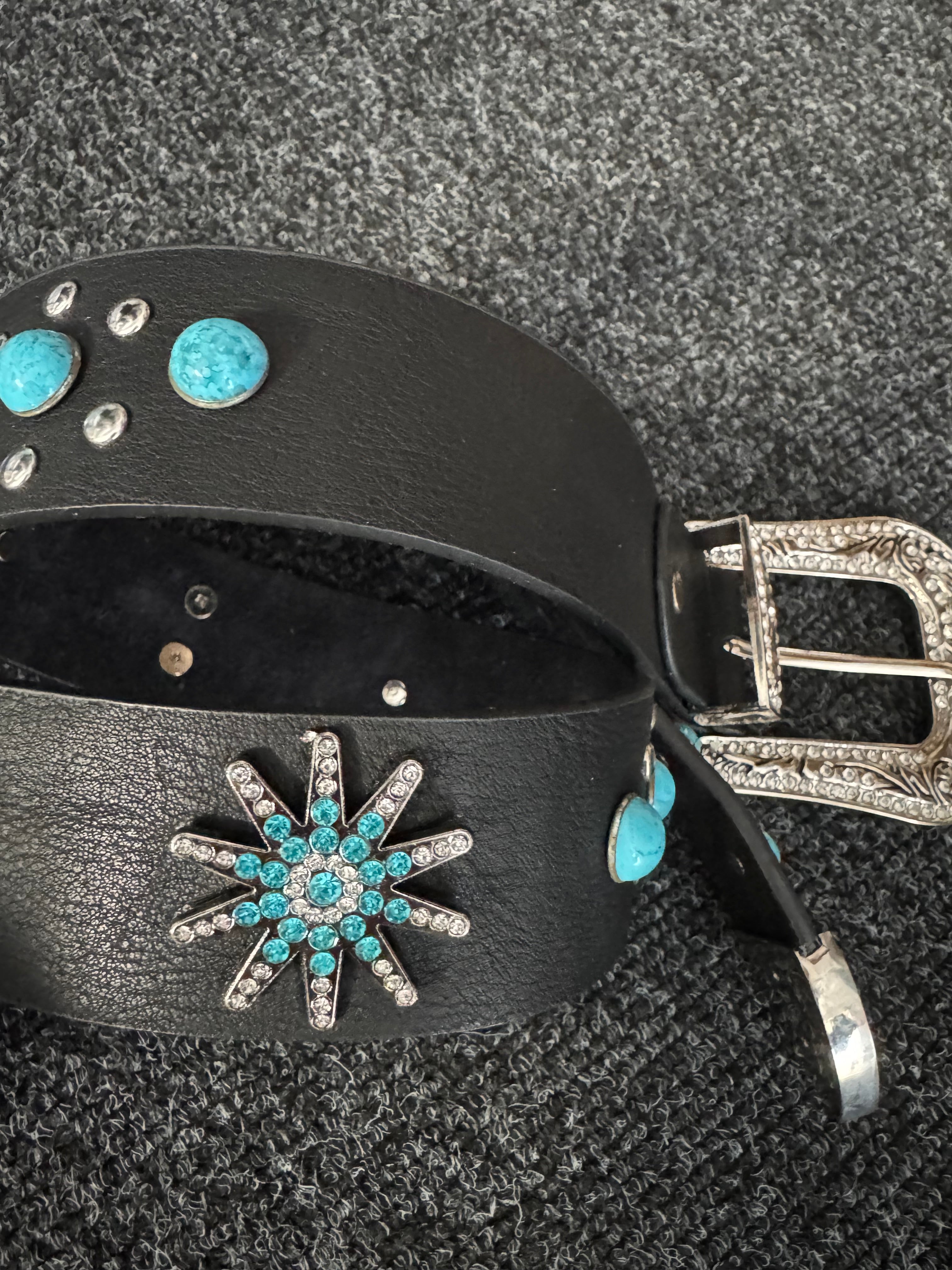 Western Studded Leather Belt in Black & Turquoise