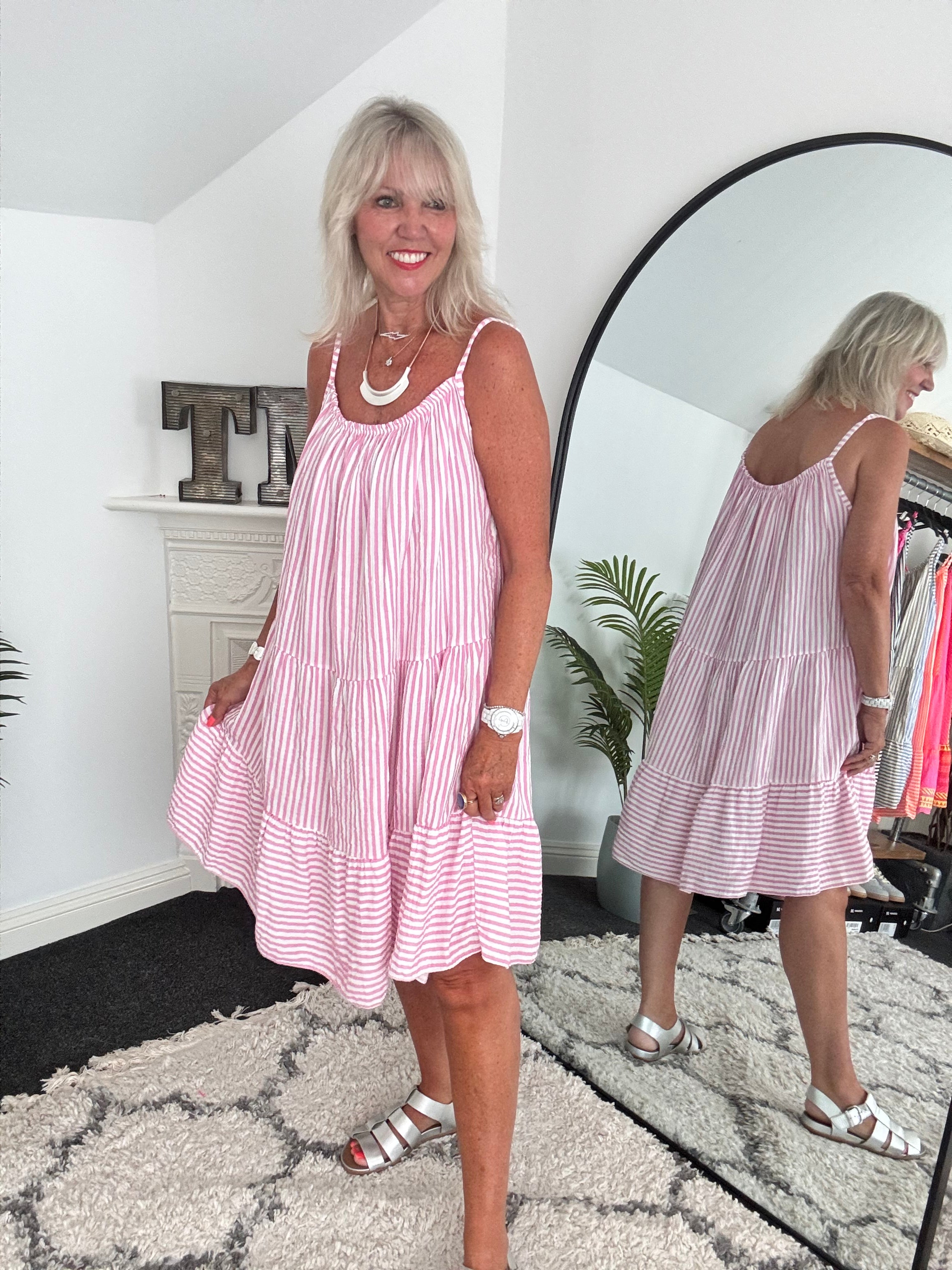 Stripe Cheesecloth Dress in Pink & White