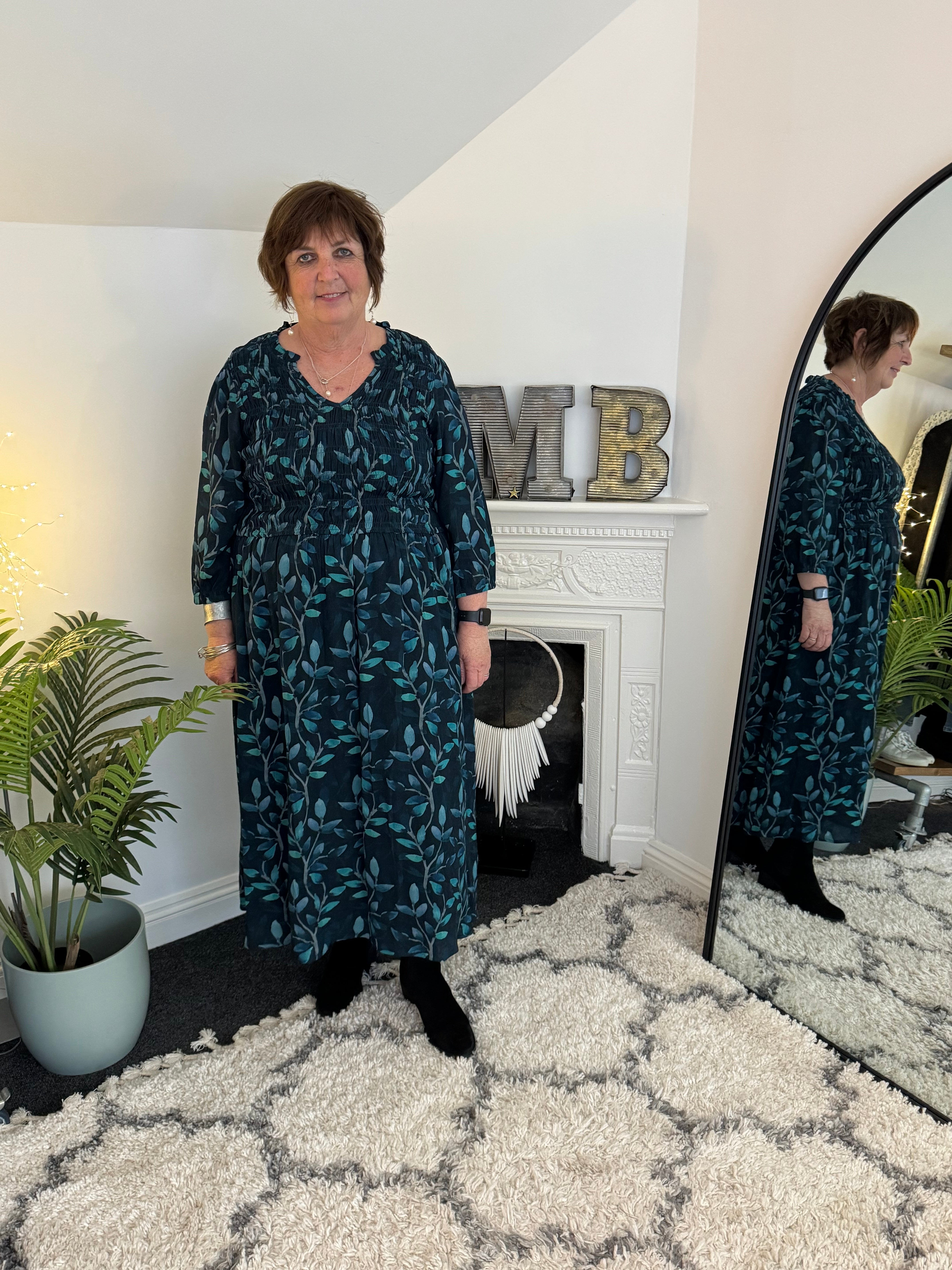 Leaf Print Dress with Shirred Bodice in Wine