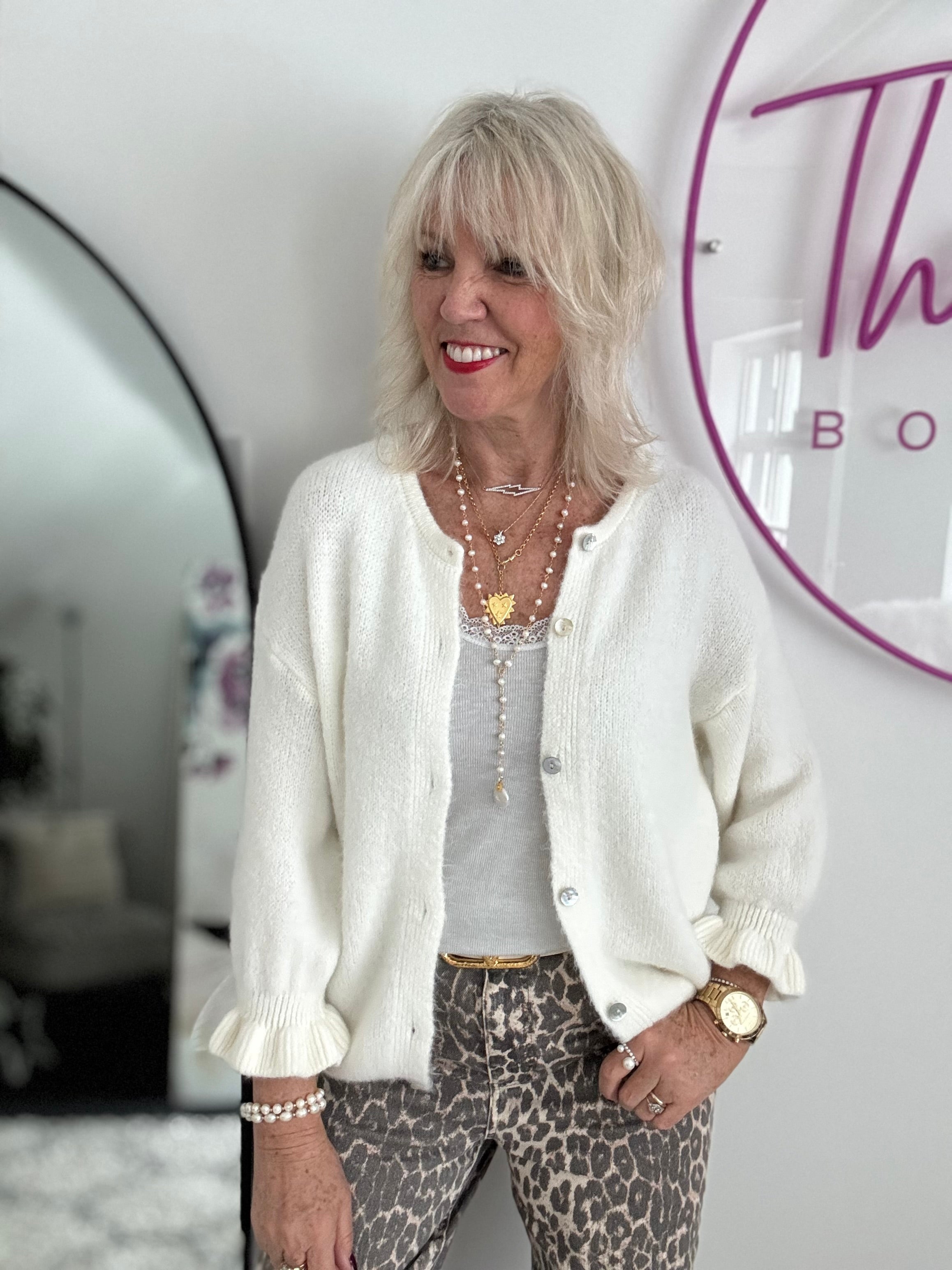 Alpaca Cardi with Frill Cuffs in Winter White