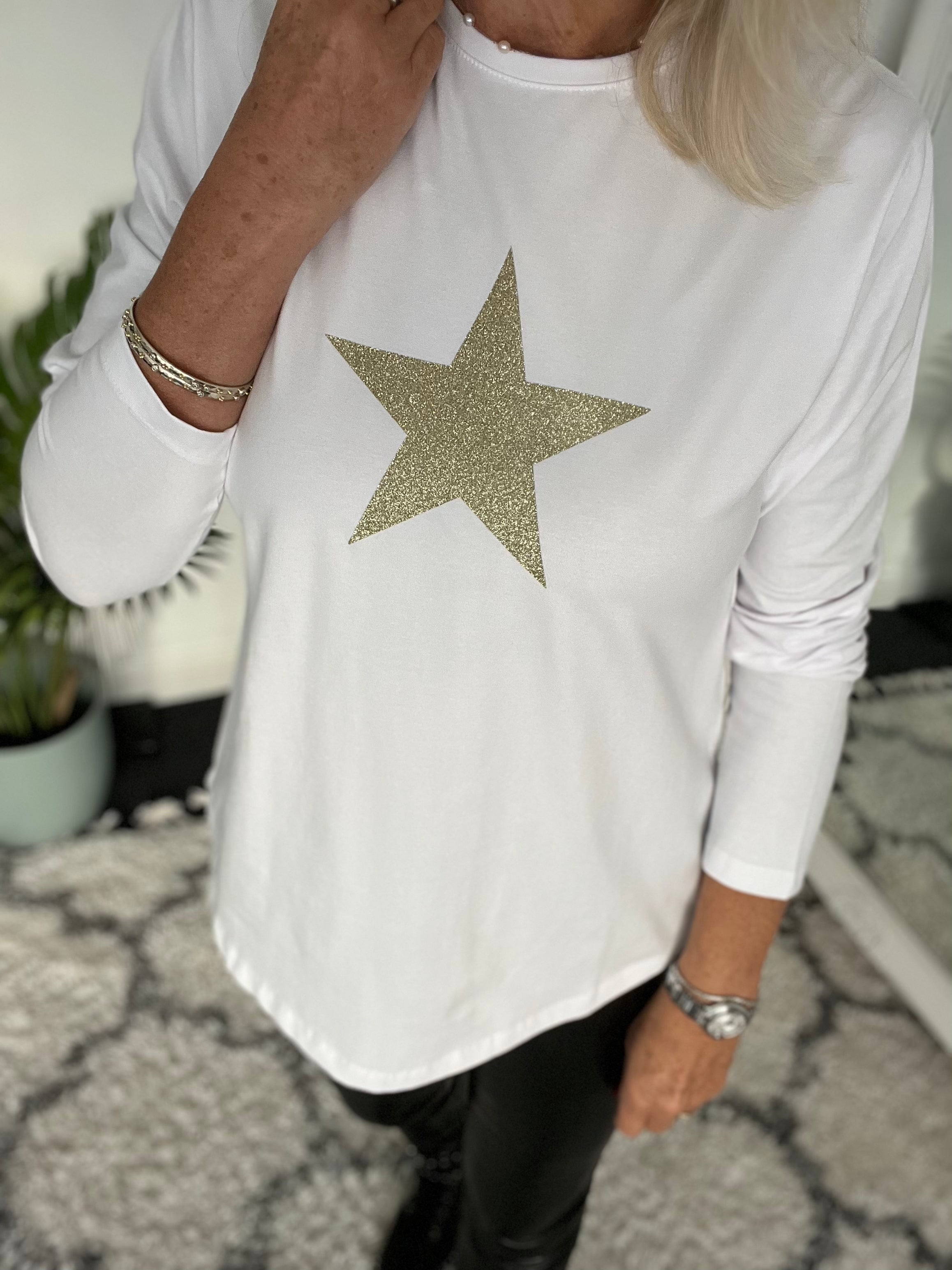 White Long Sleeve Top with Champagne Glitter Star