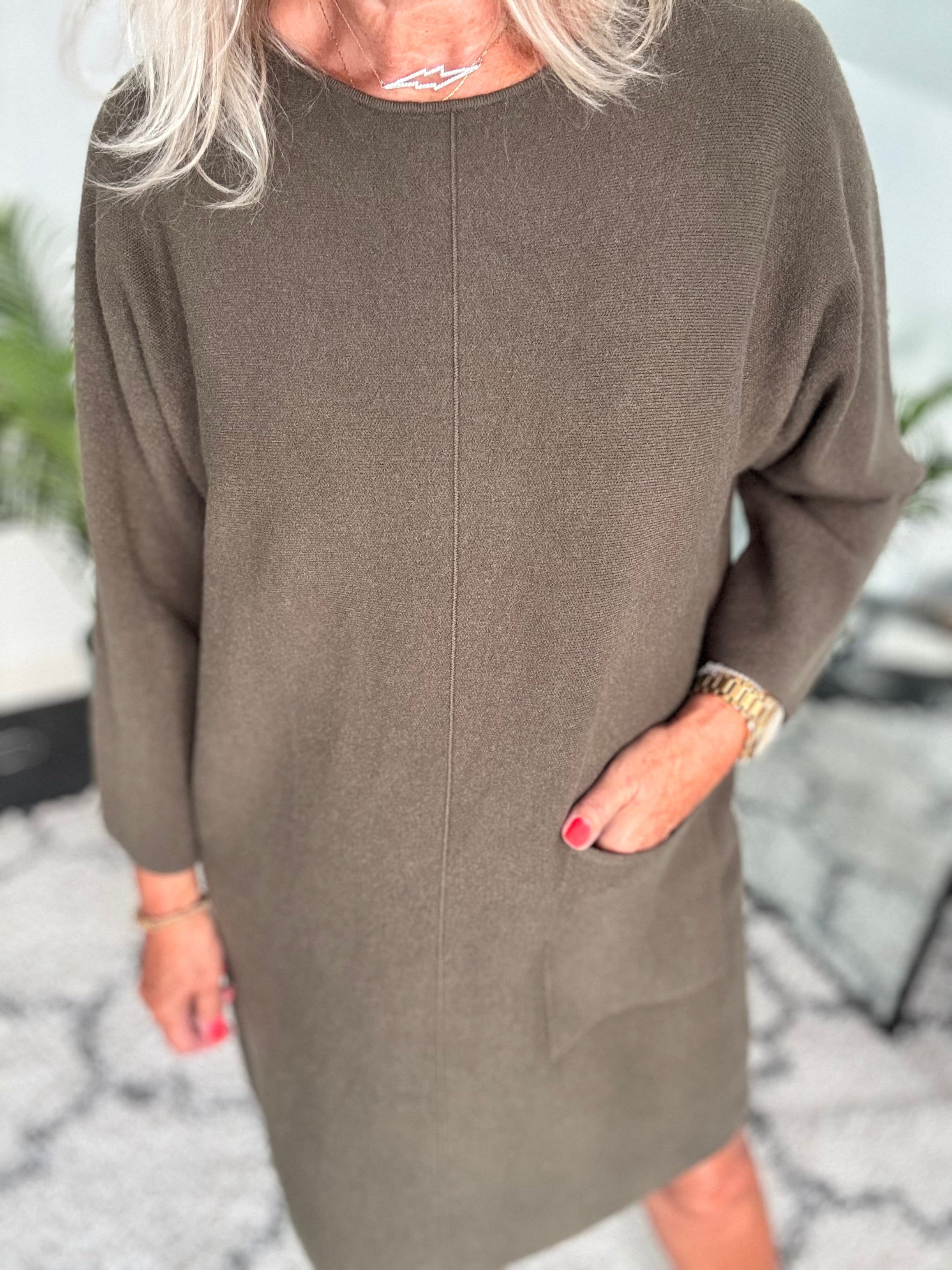 Luxe Knitted Pocket Dress in Dark Khaki