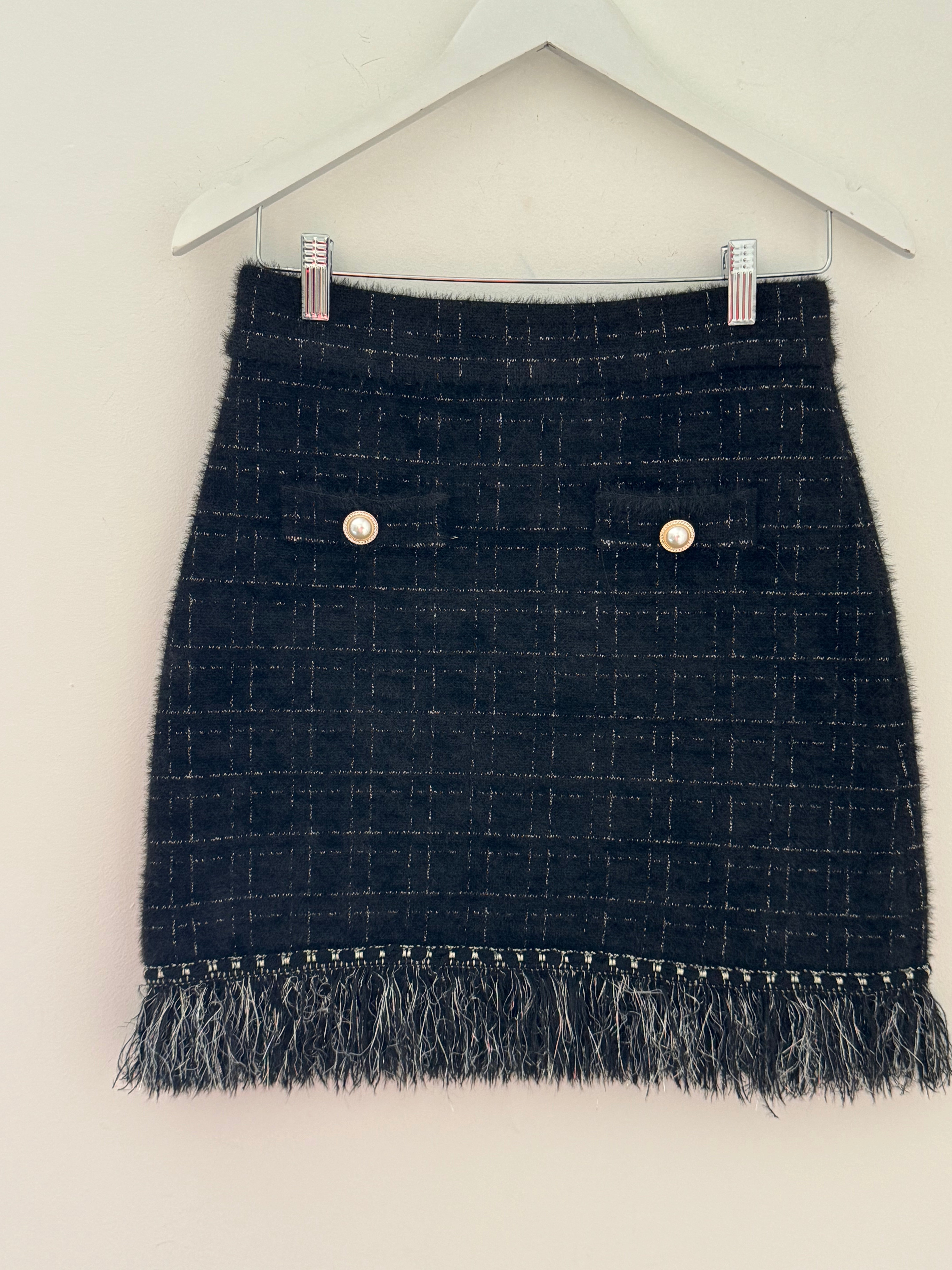 Pearl Button & Tweed Skirt in Black