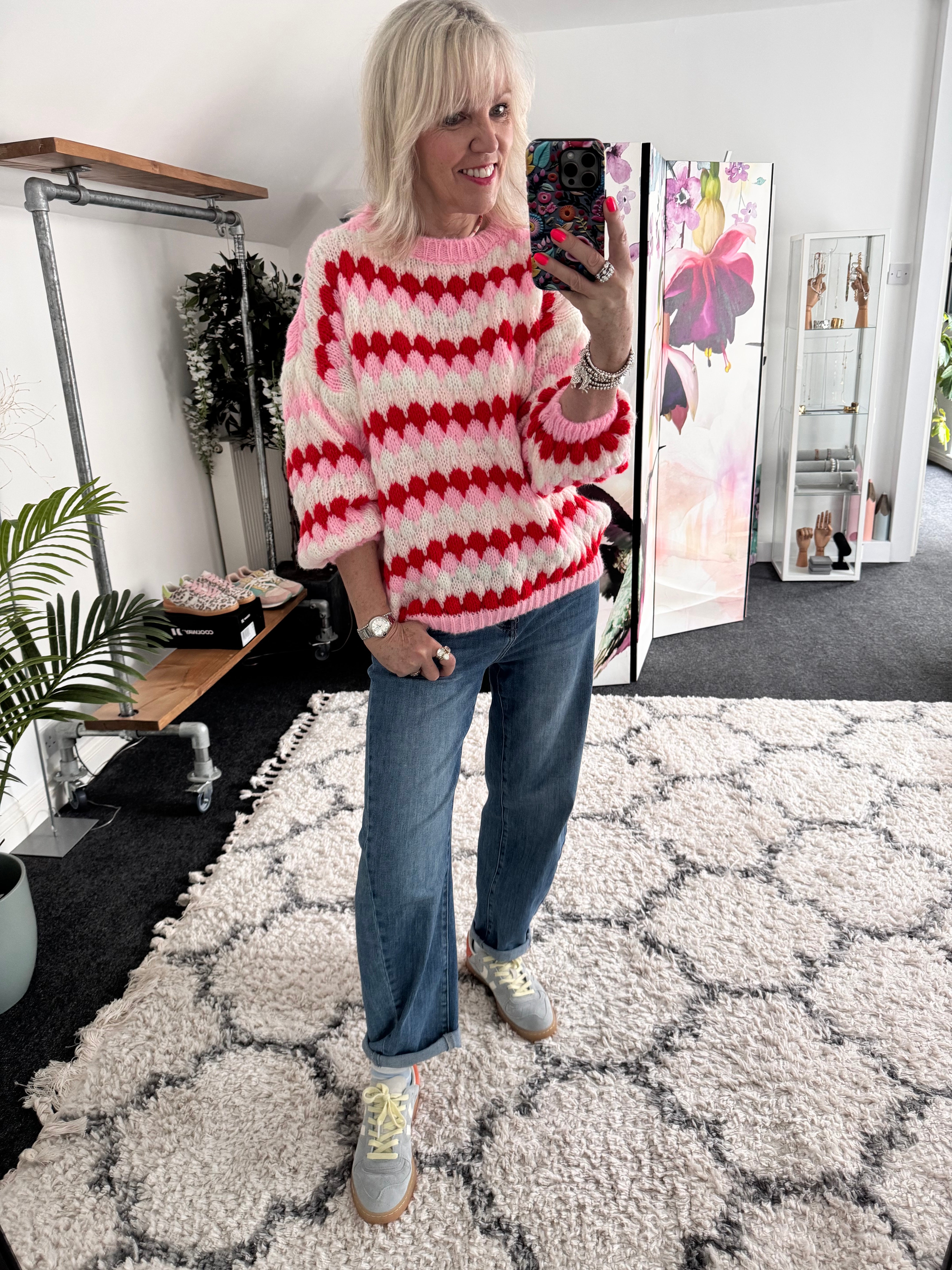 Waffle Knit Jumper in Pink & Red