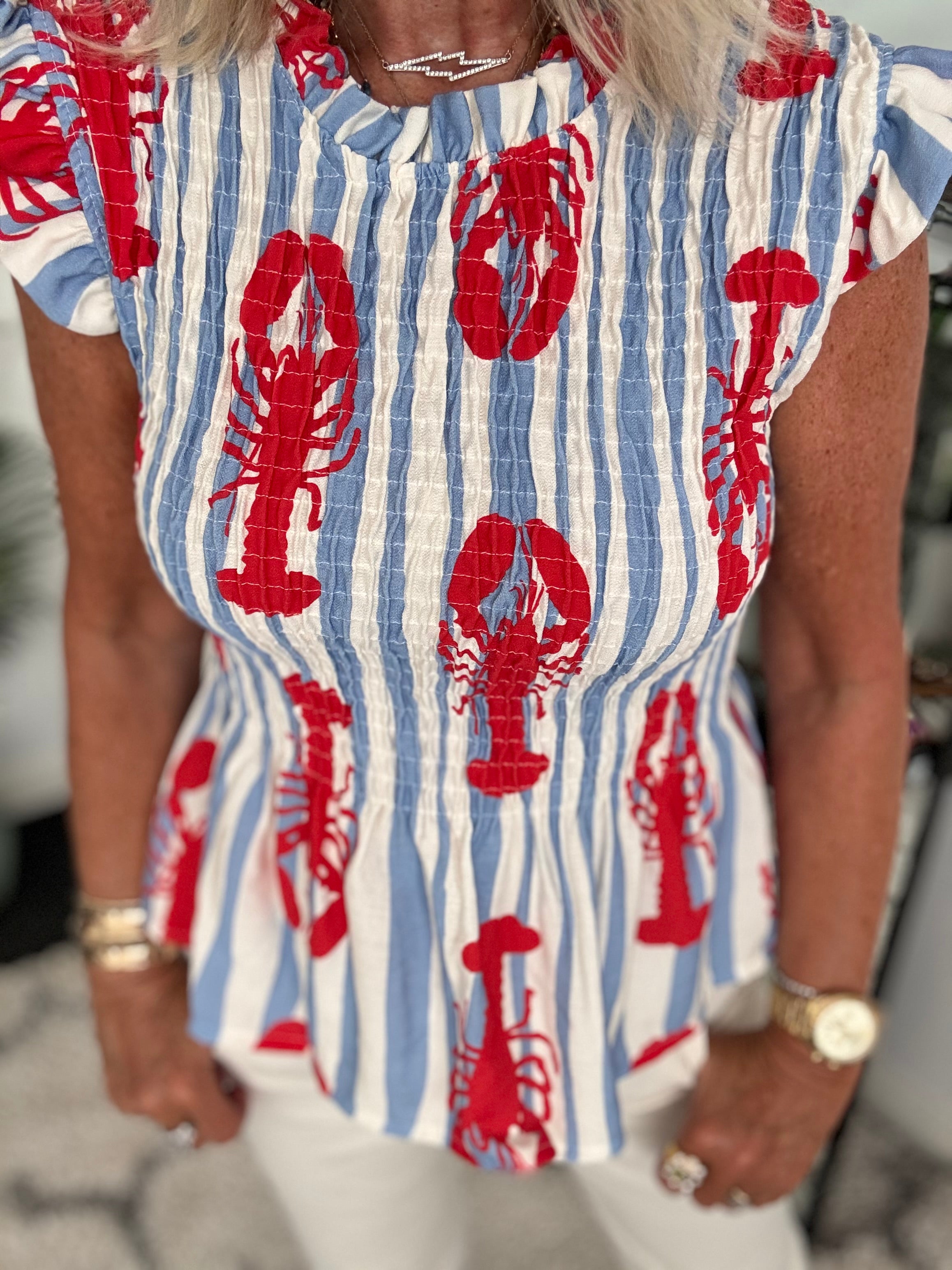Shirred Lobster Top in Blue & Red