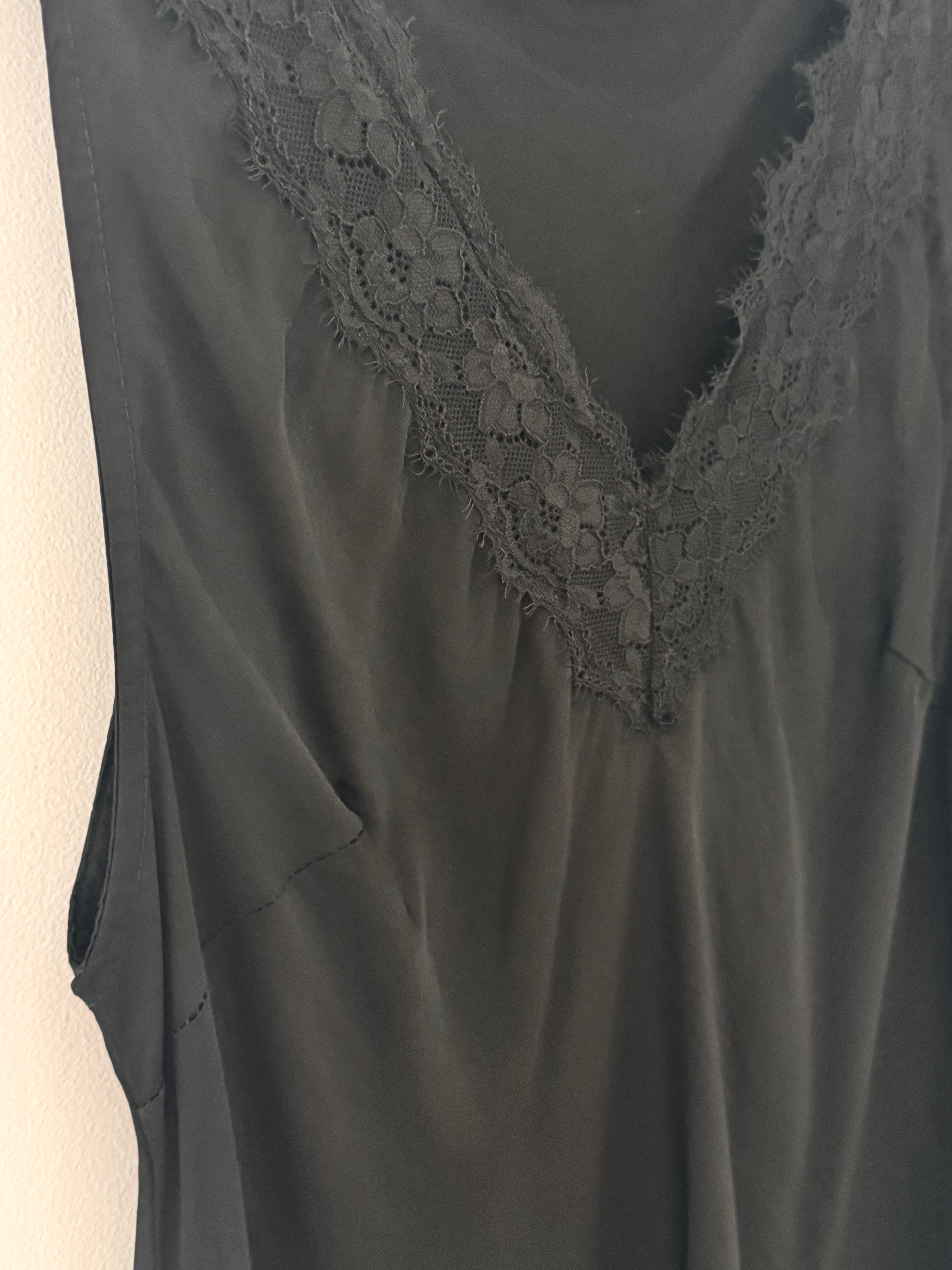 Lace Trim Silk Top in Black