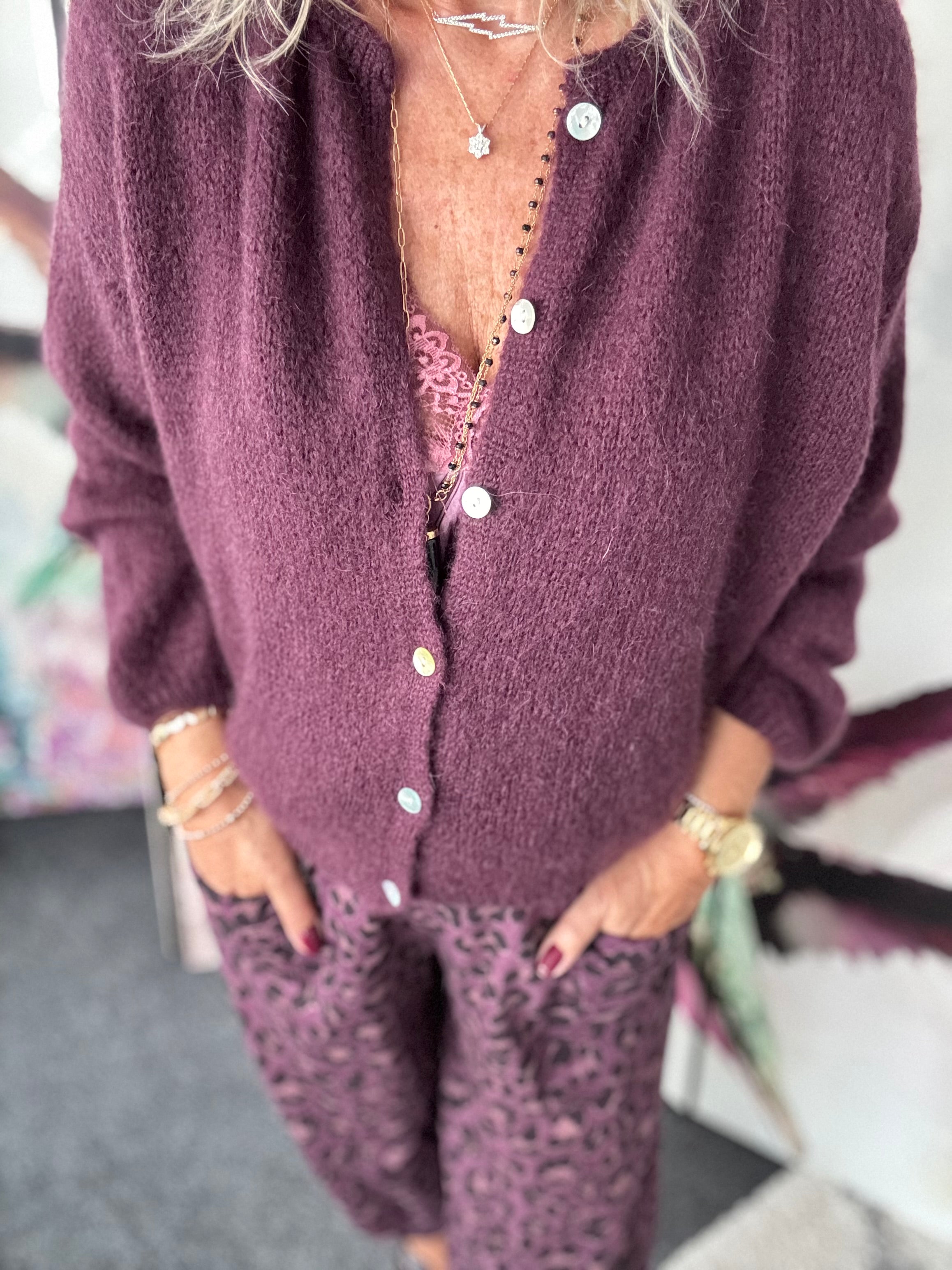 Mohair Buttoned Cardi in Plum