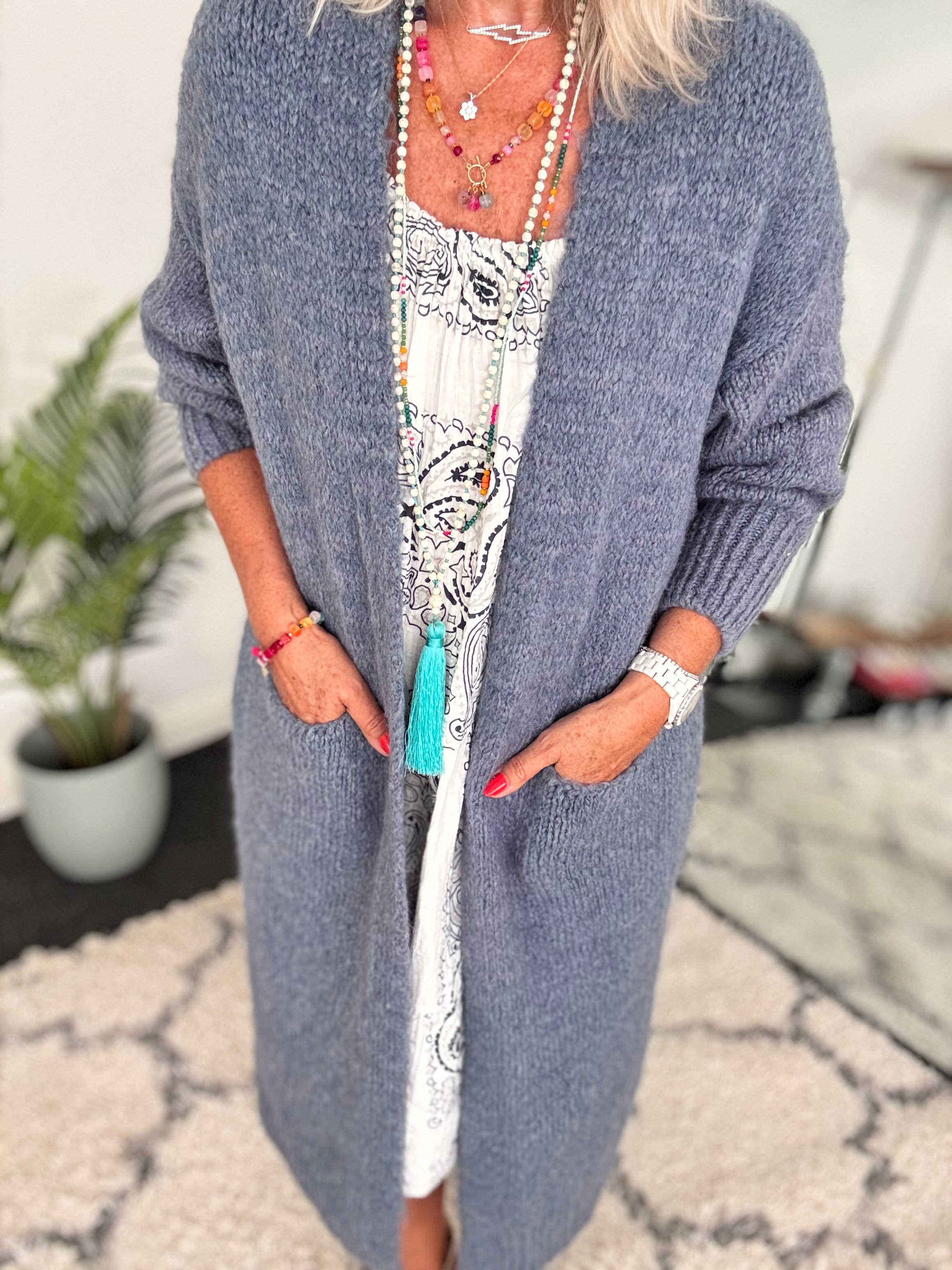 Luxe Neon Horse Cardi in Denim Blue