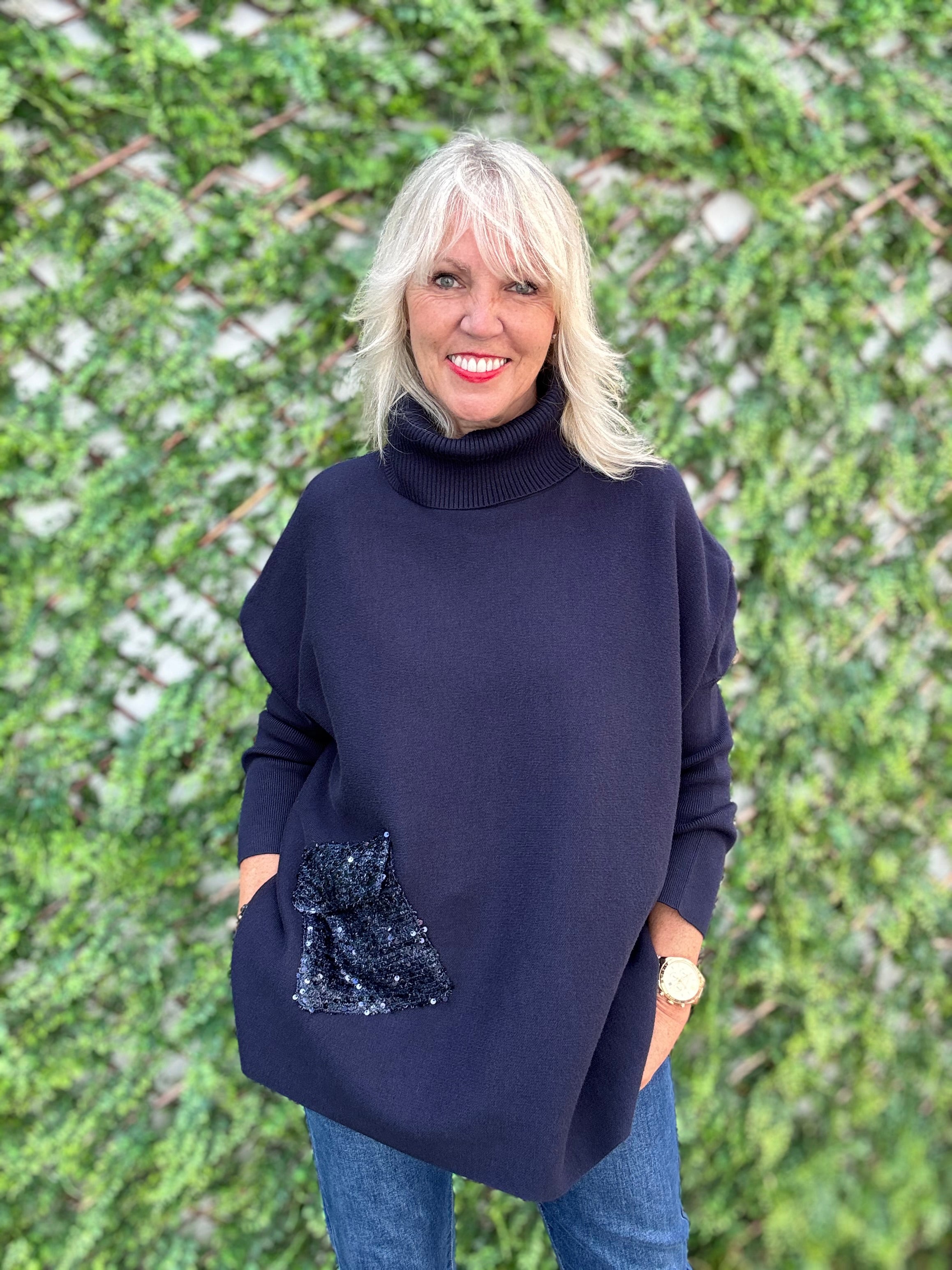 Oversized Roll Neck Poncho Jumper in Ink
