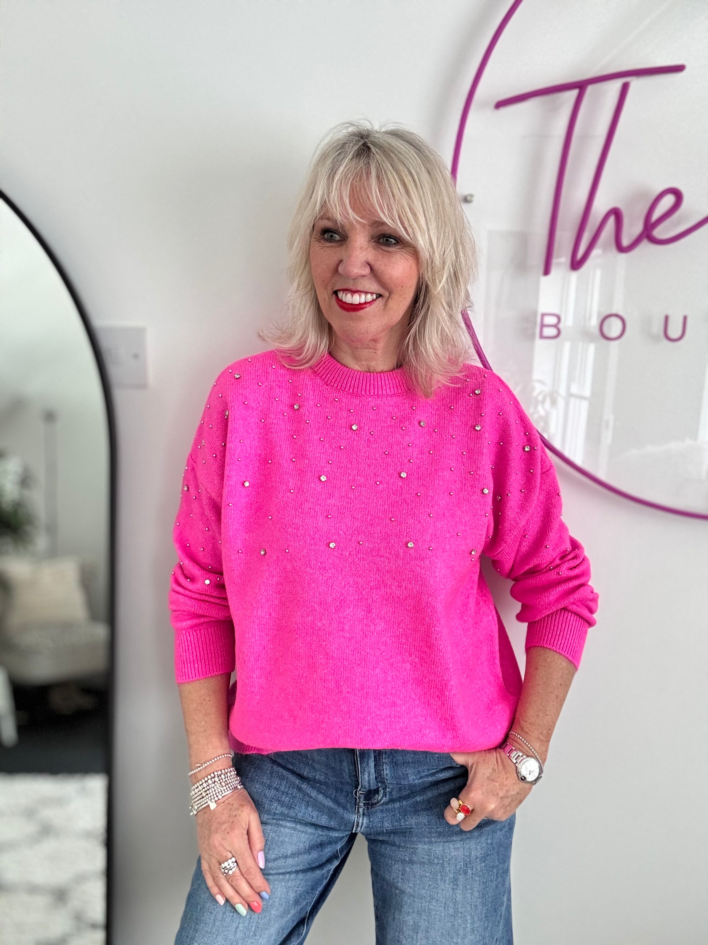 Soft Jumper with Beading in Hot Pink
