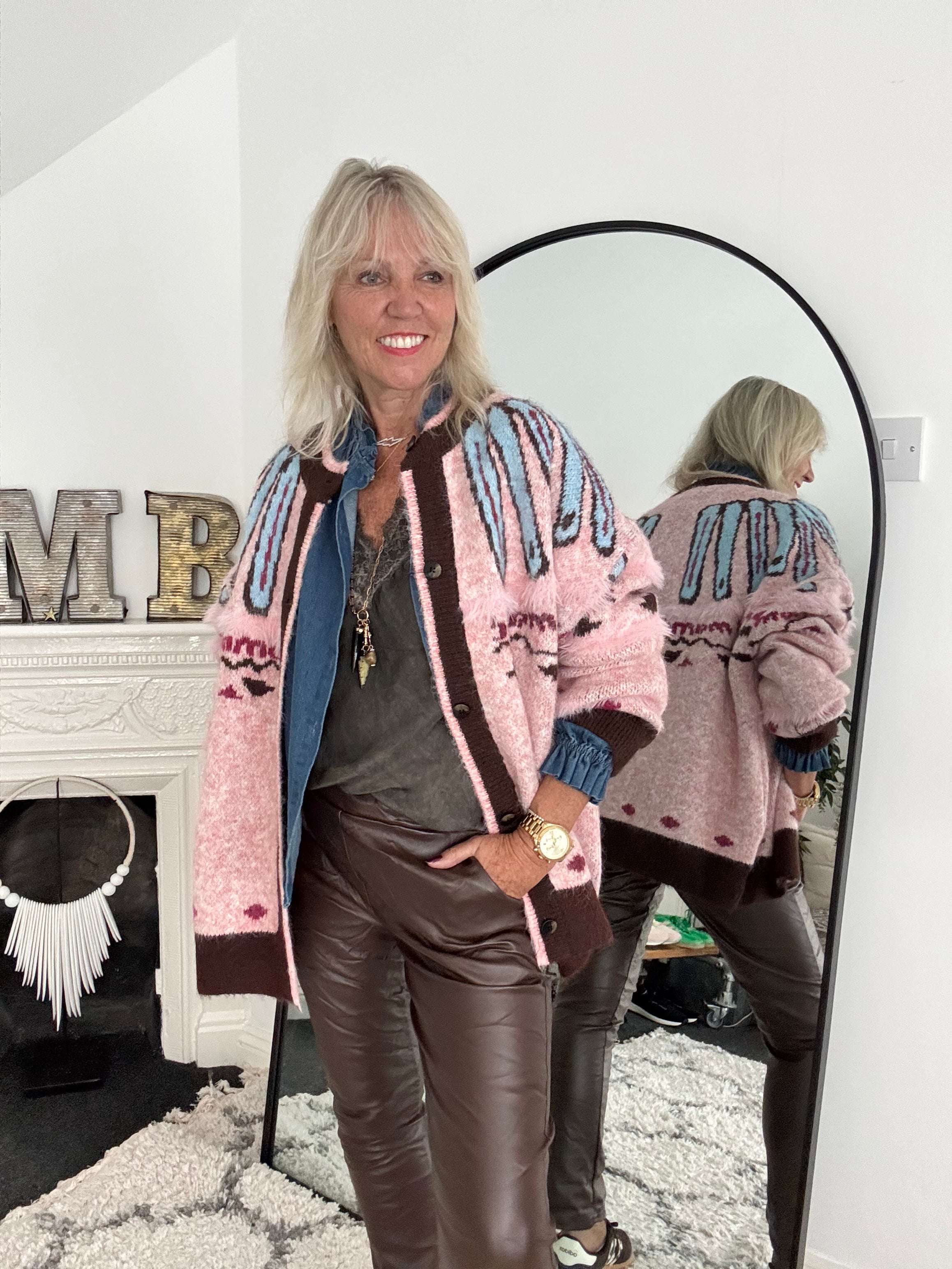 Oversized Designer Cardi in Pink & Chocolate