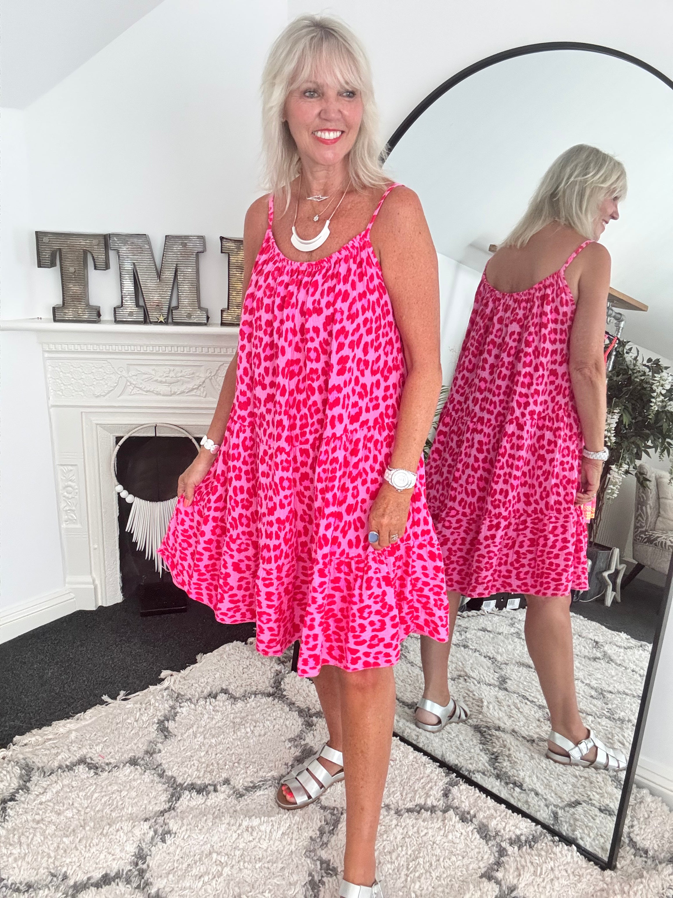 Leopard Cheesecloth Dress in Red & Candy Pink