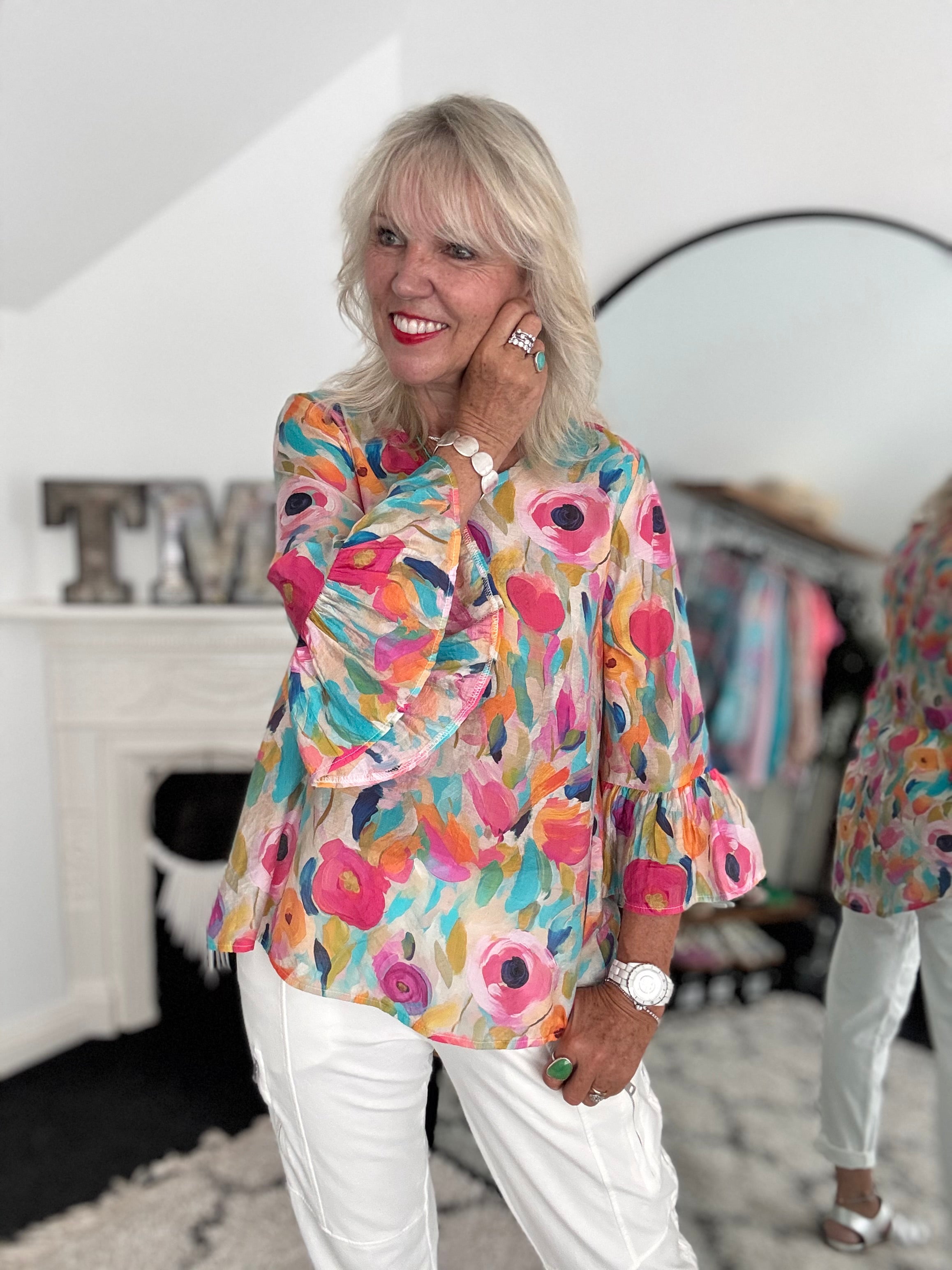 Silky Floral Top with Ruffle Sleeves