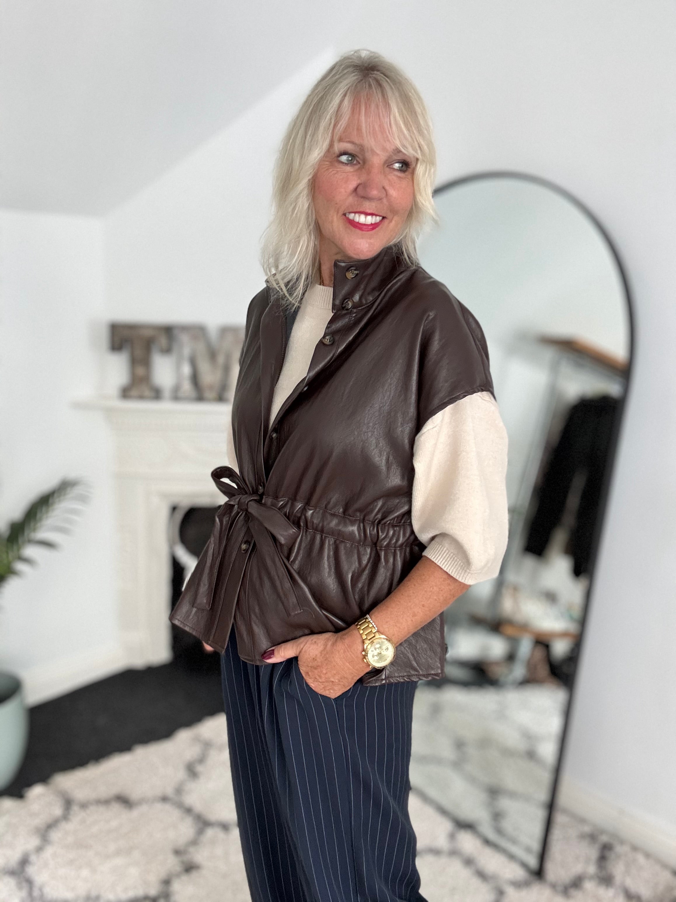 Designer Leather Gilet in Chocolate