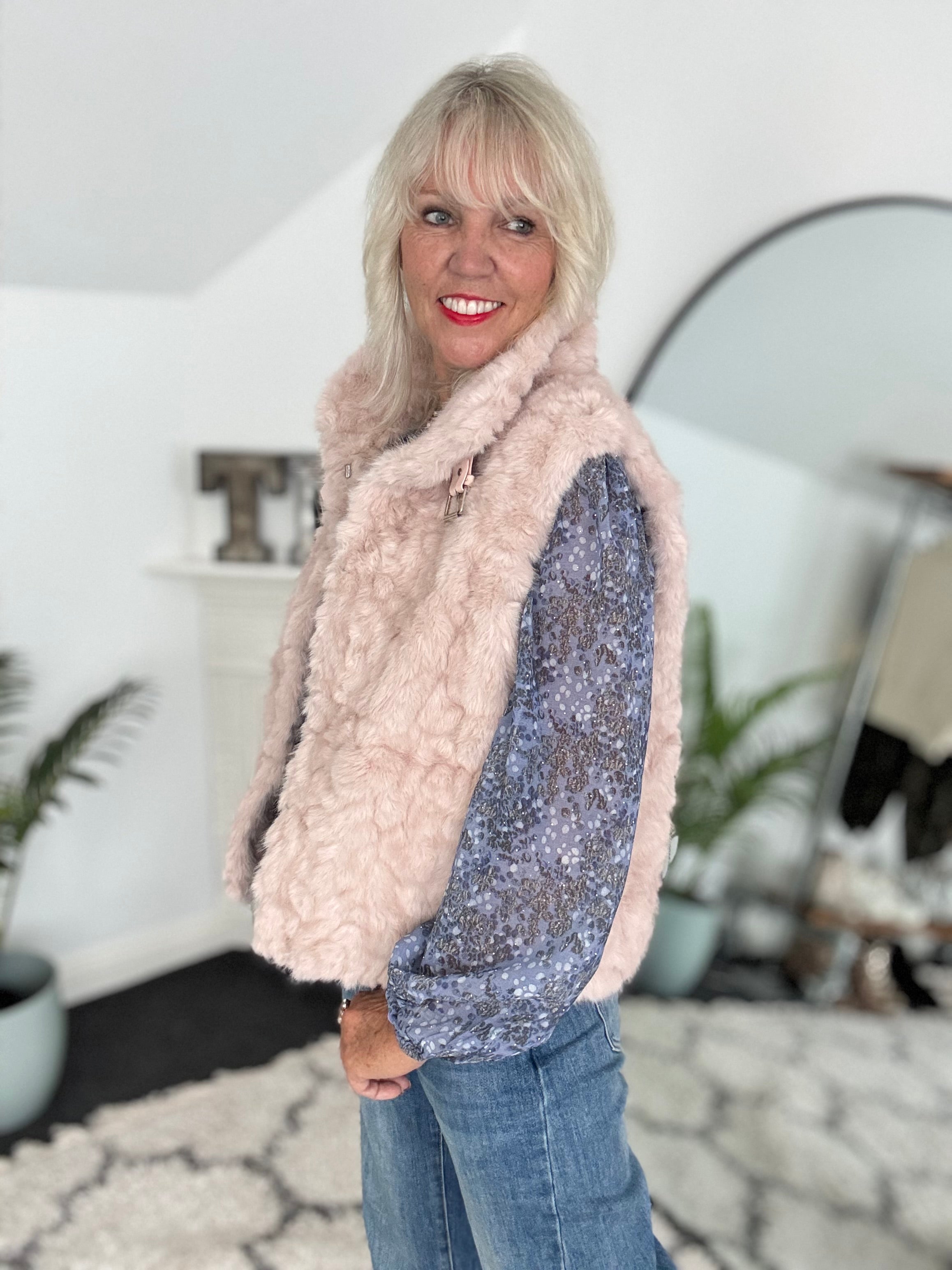 Designer Faux Fur Gilet in Blush