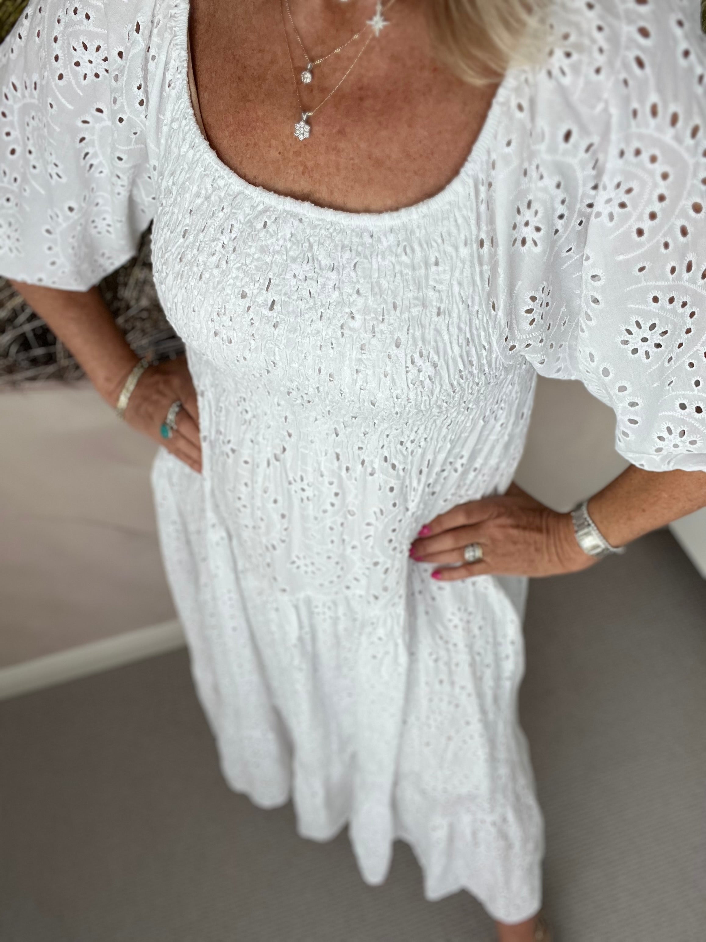 Broderie Anglais Midi Dress in White