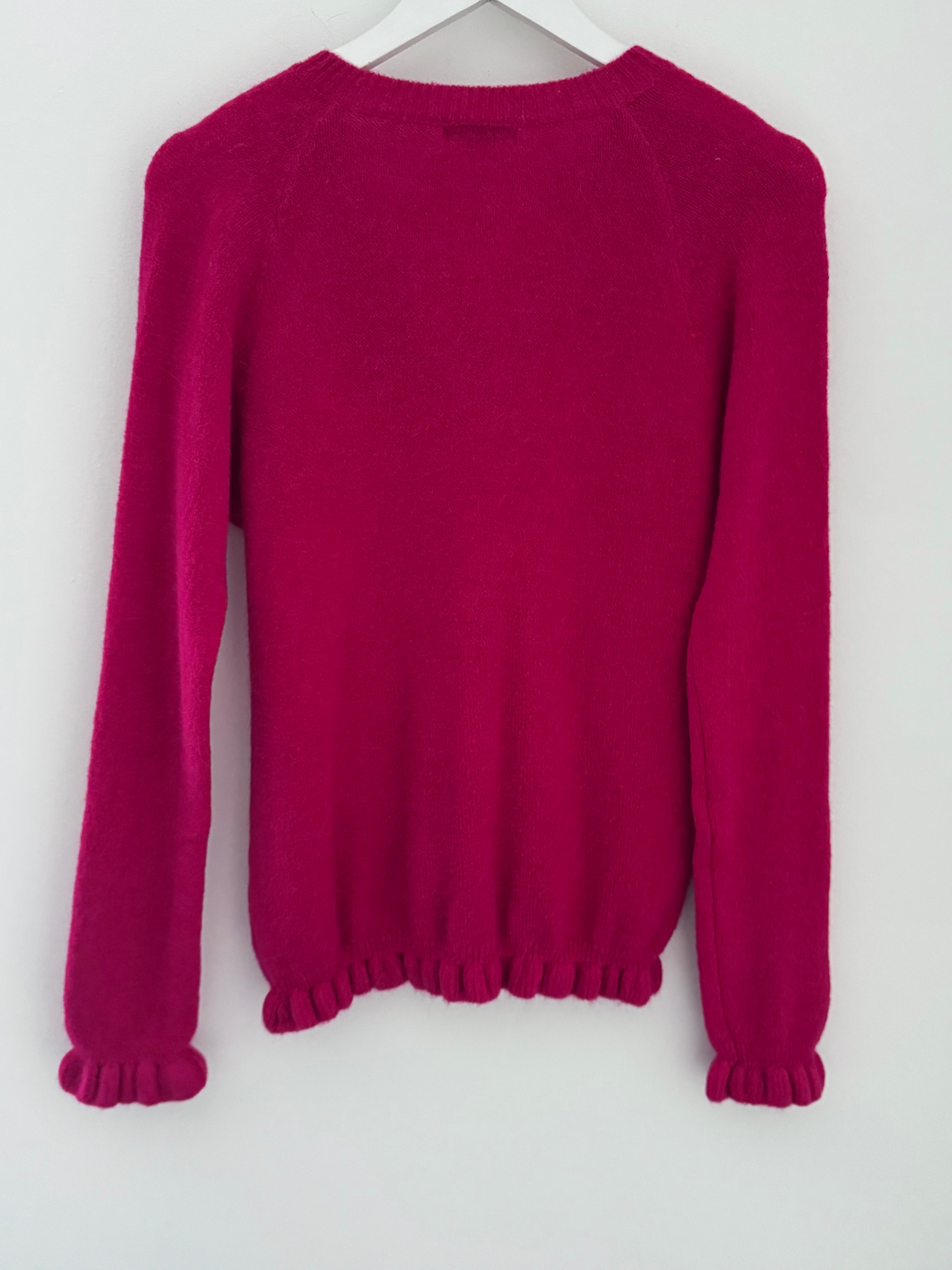 Alpaca Cardi with Frill Hems in Raspberry