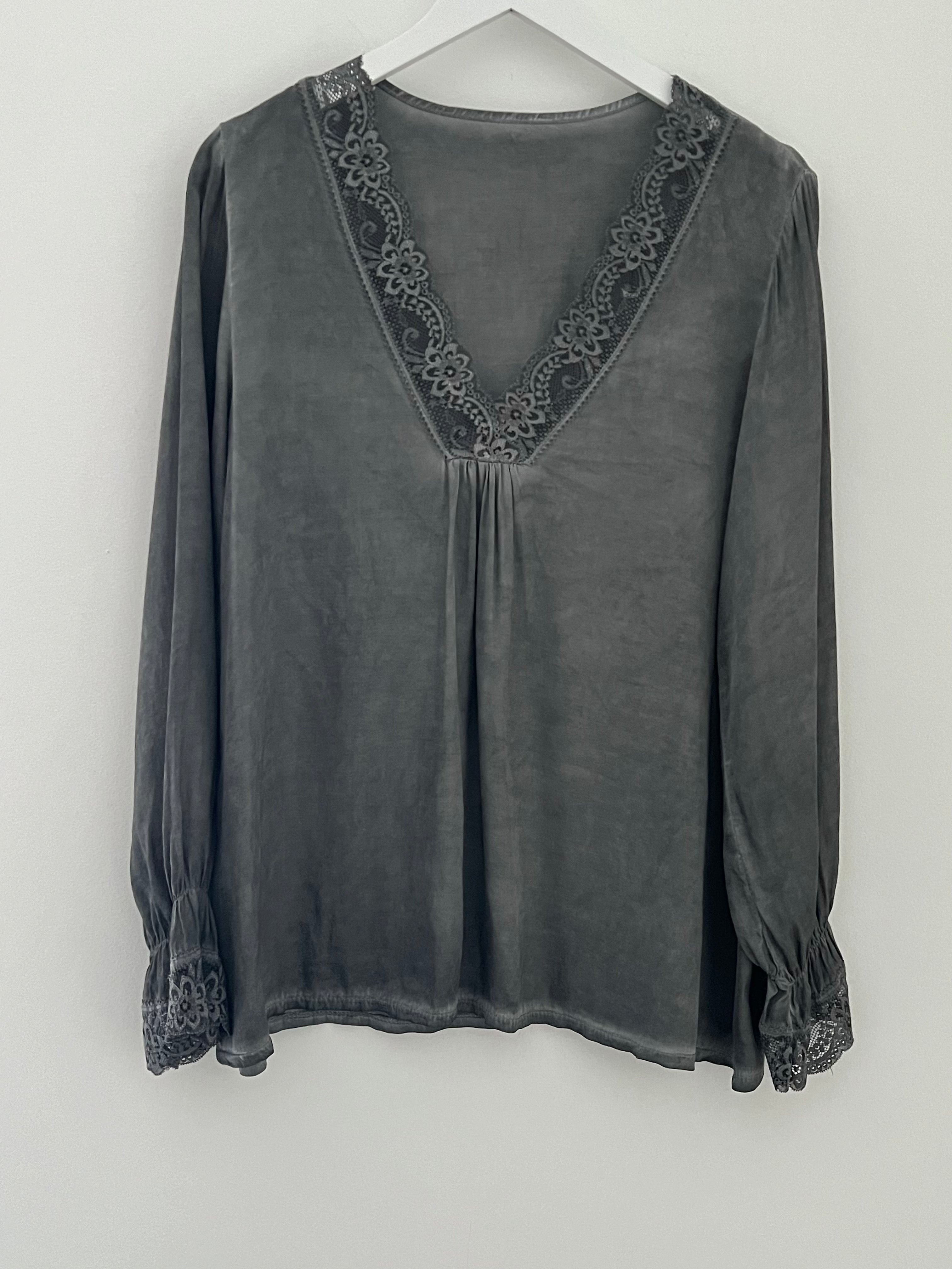 Silky Top with Lace Trim in Vintage Charcoal