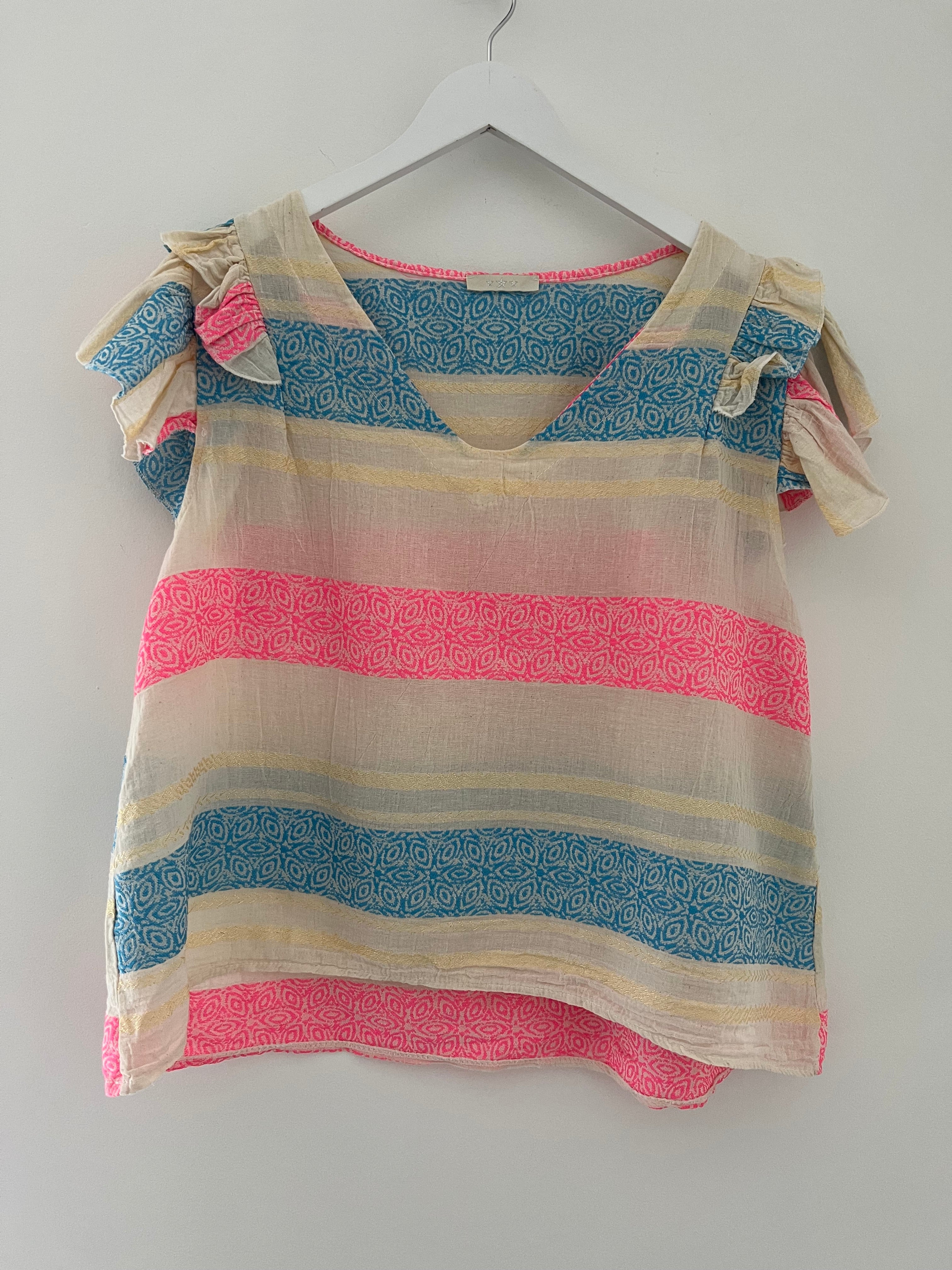 Embroidered Top in Blue & Pink
