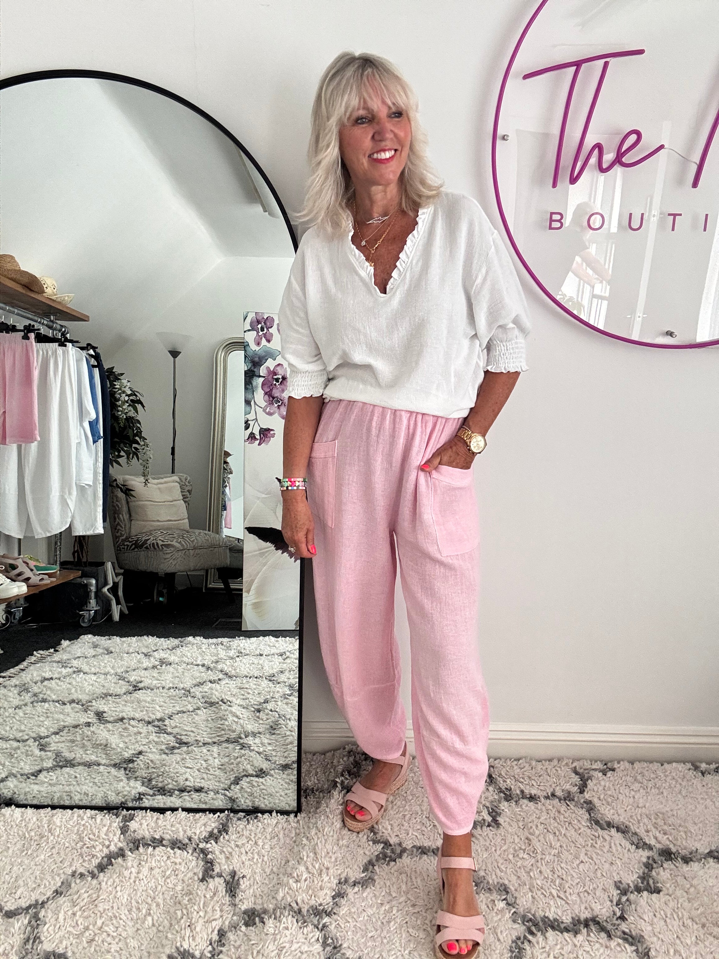 Linen & Cotton Barrel Trousers in Baby Pink