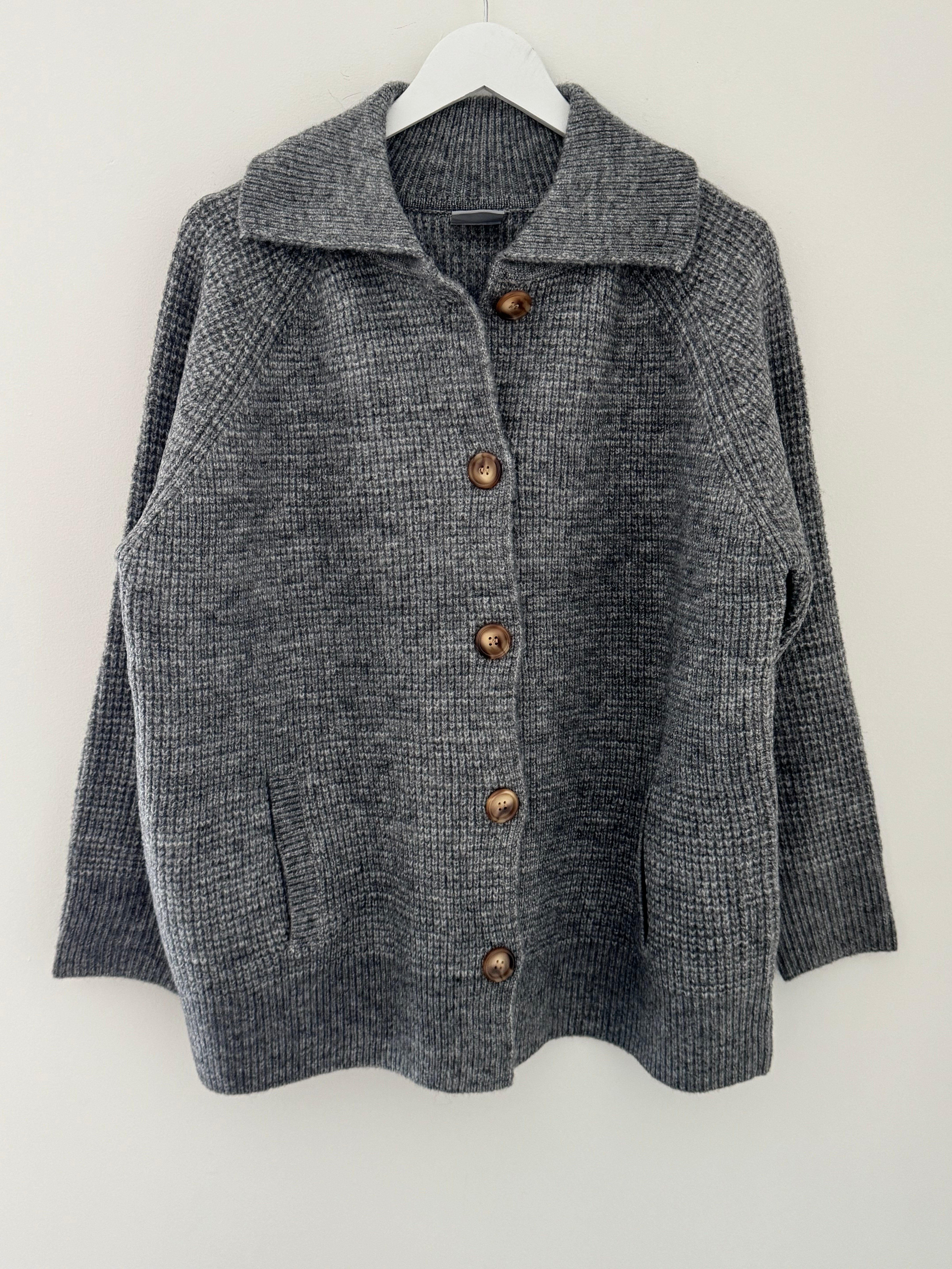 Fisherman Rib Knitted Jacket in Marl Grey