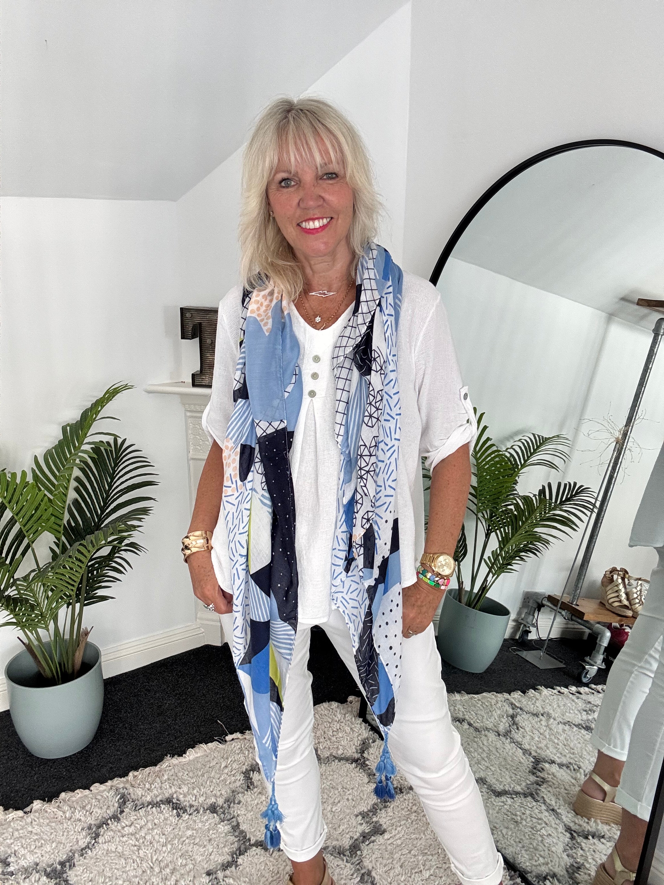 Patterned Square Scarf with Tassels in Blue