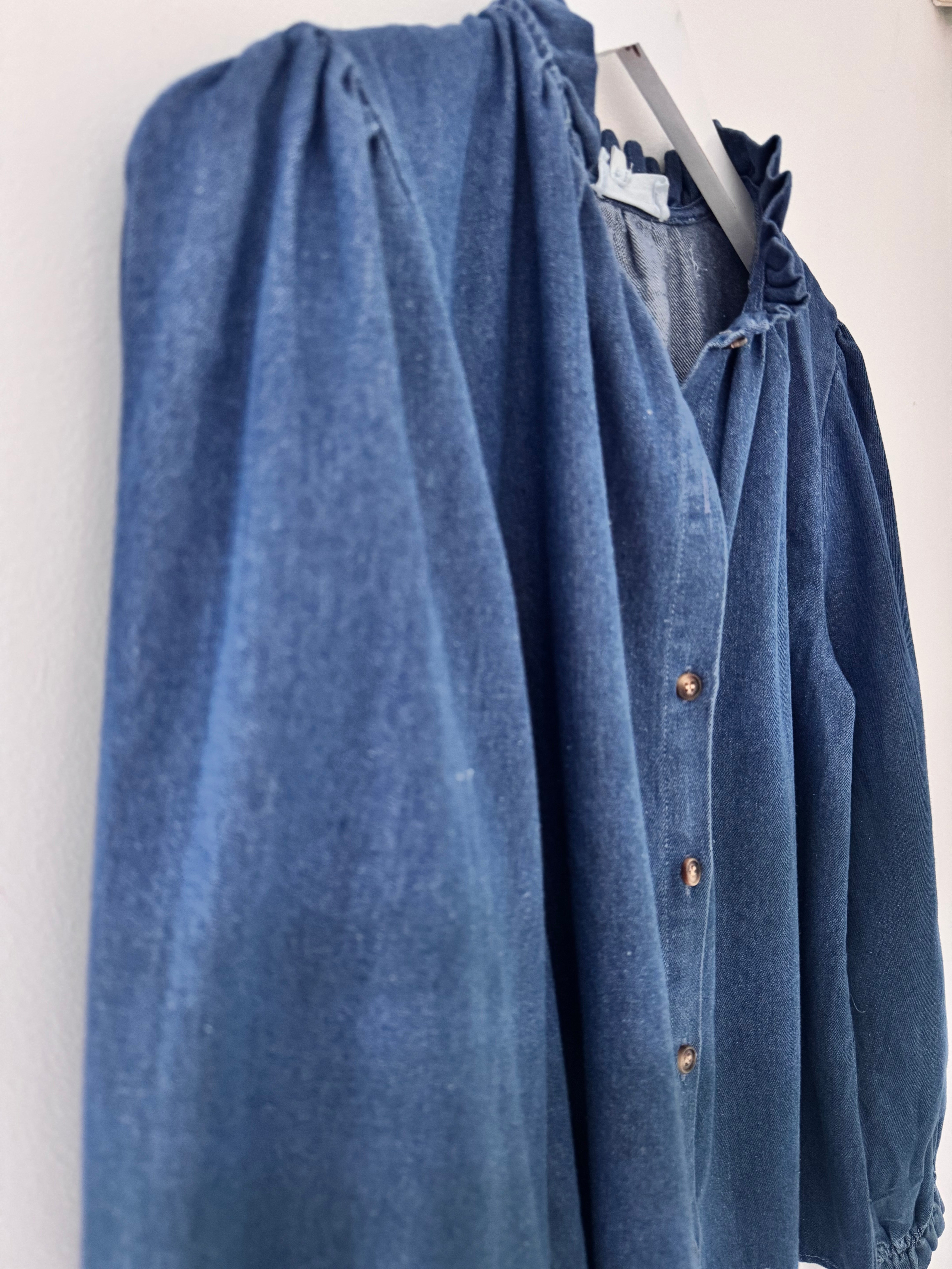 Soft Denim Shirt with Ruffle Collar & Cuffs