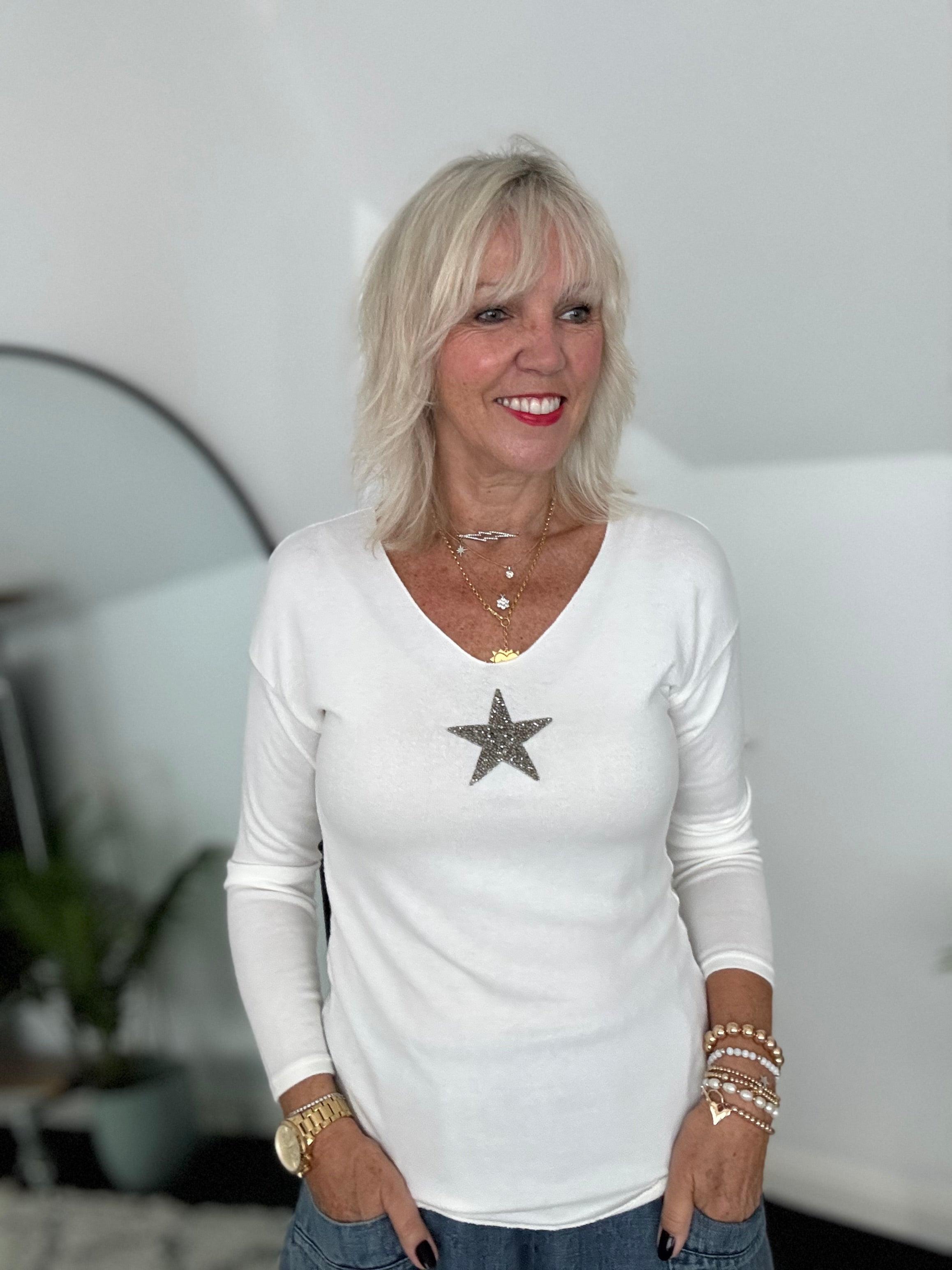 Slimfit Glitter Star Jumper in Ivory