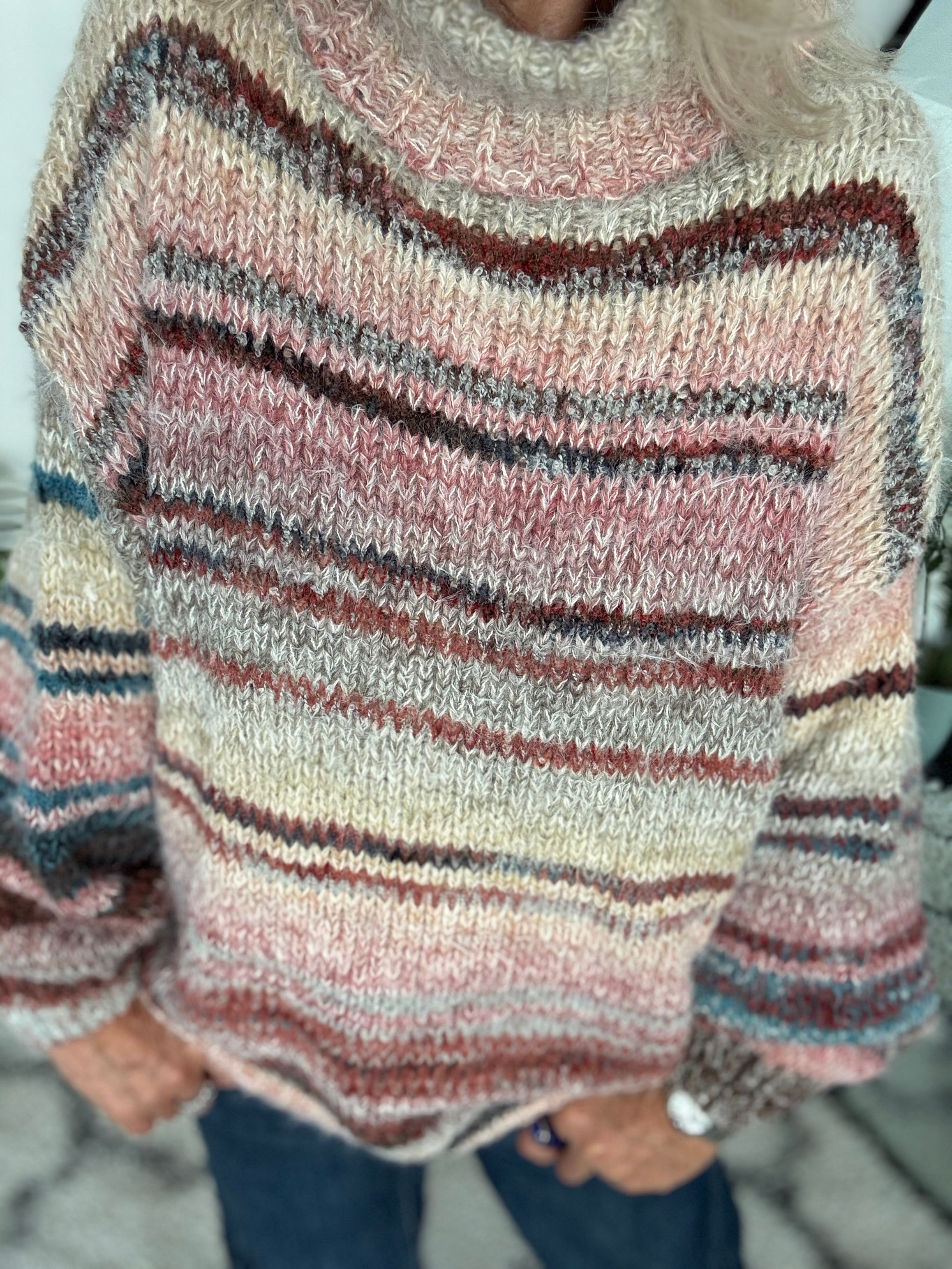 Oversized Stripe Roll Neck Jumper in Pink & Mocha
