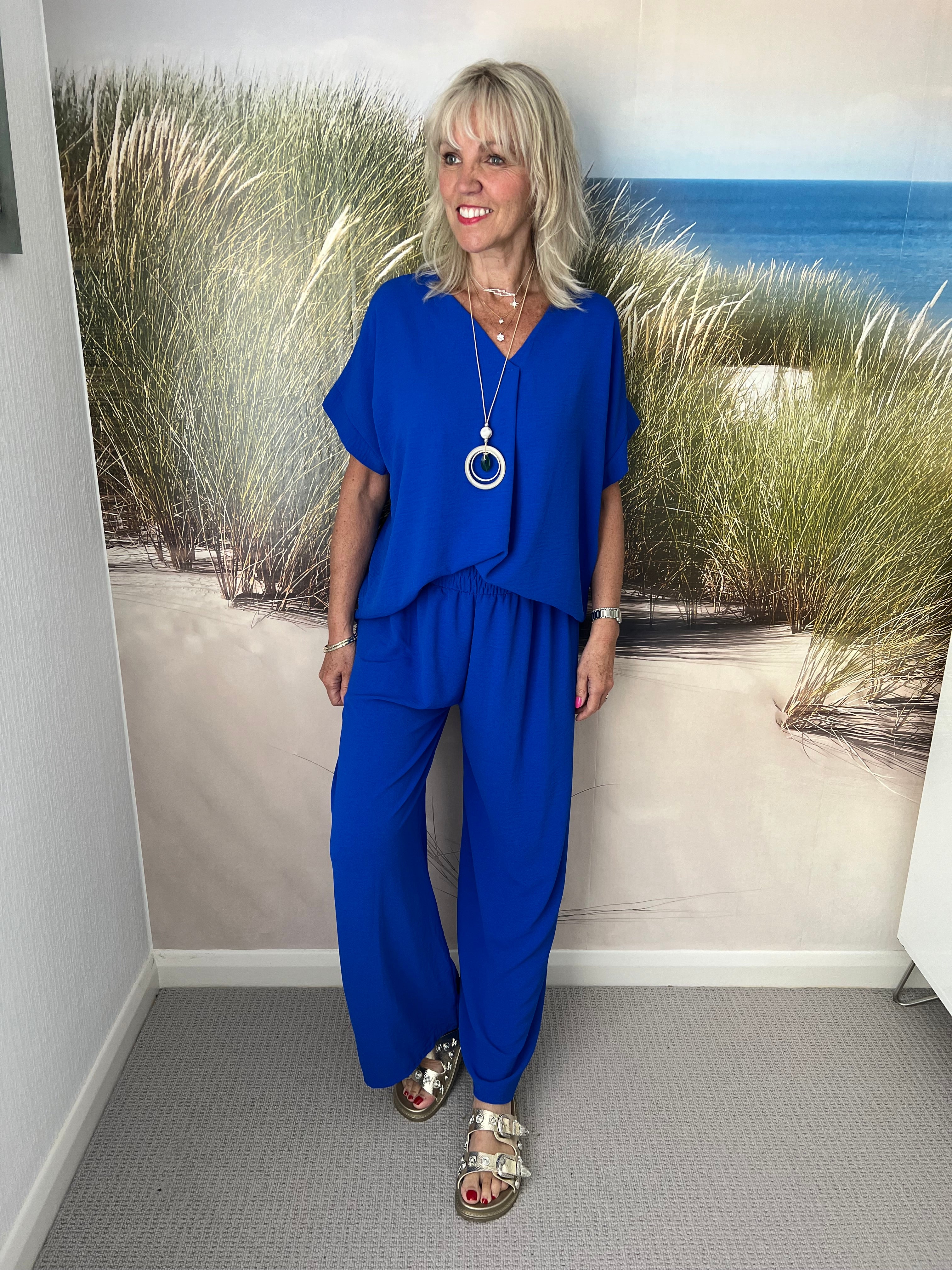 Wide Leg Crepe Trousers in Blue