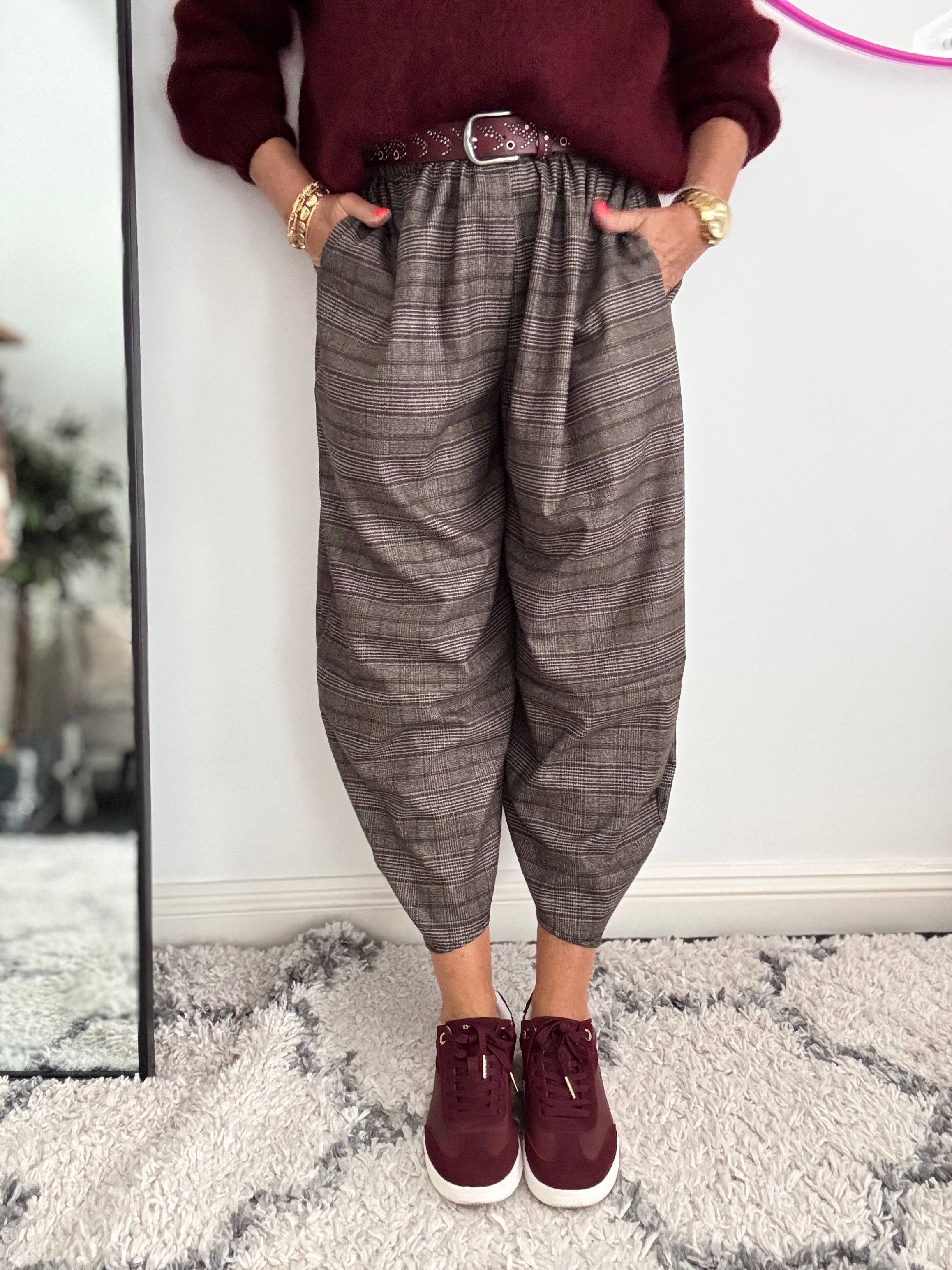 Wide Leg Check Trousers in Chocolate