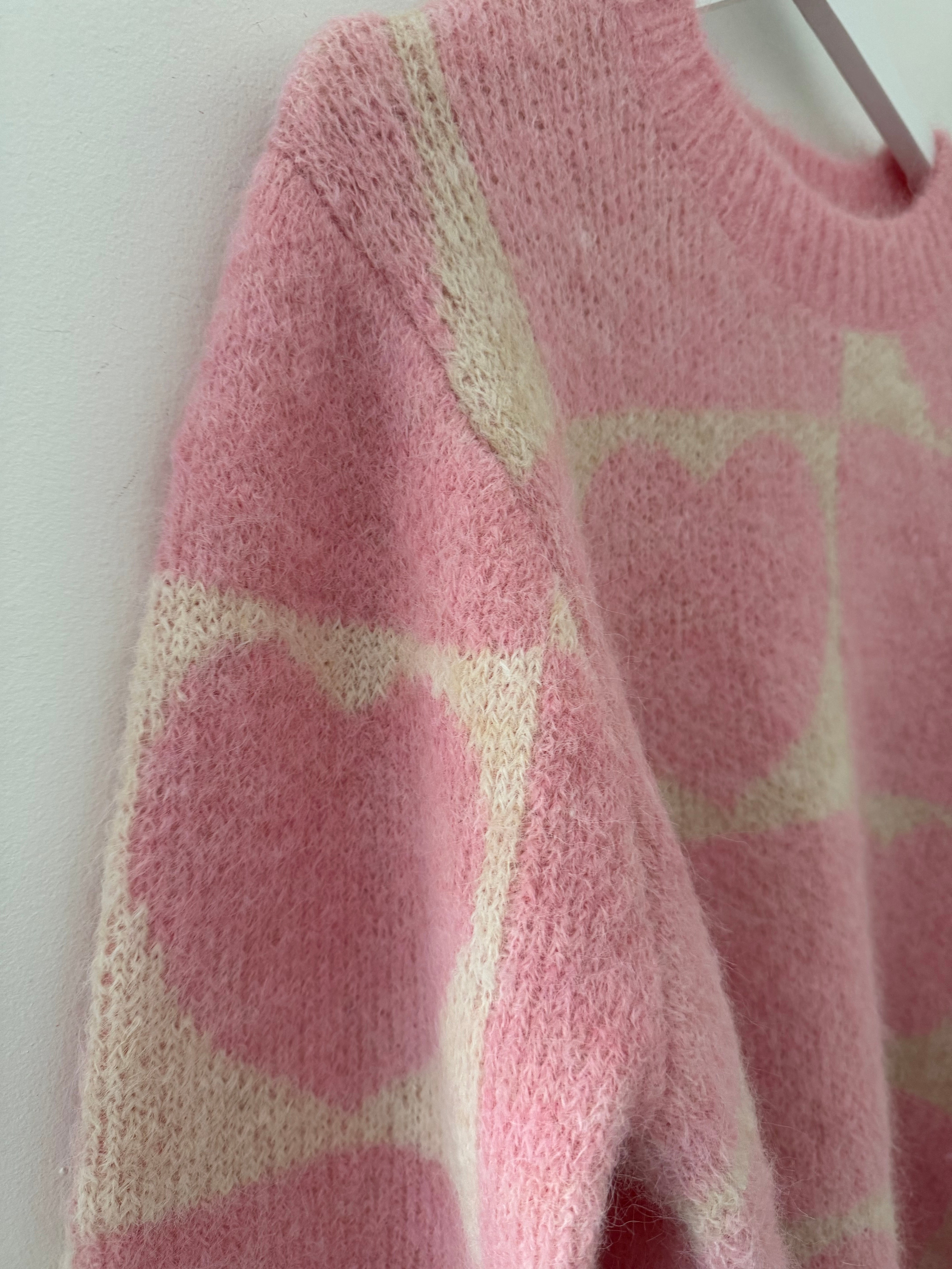 Heart & Squares Sweater in Pink & Ecru
