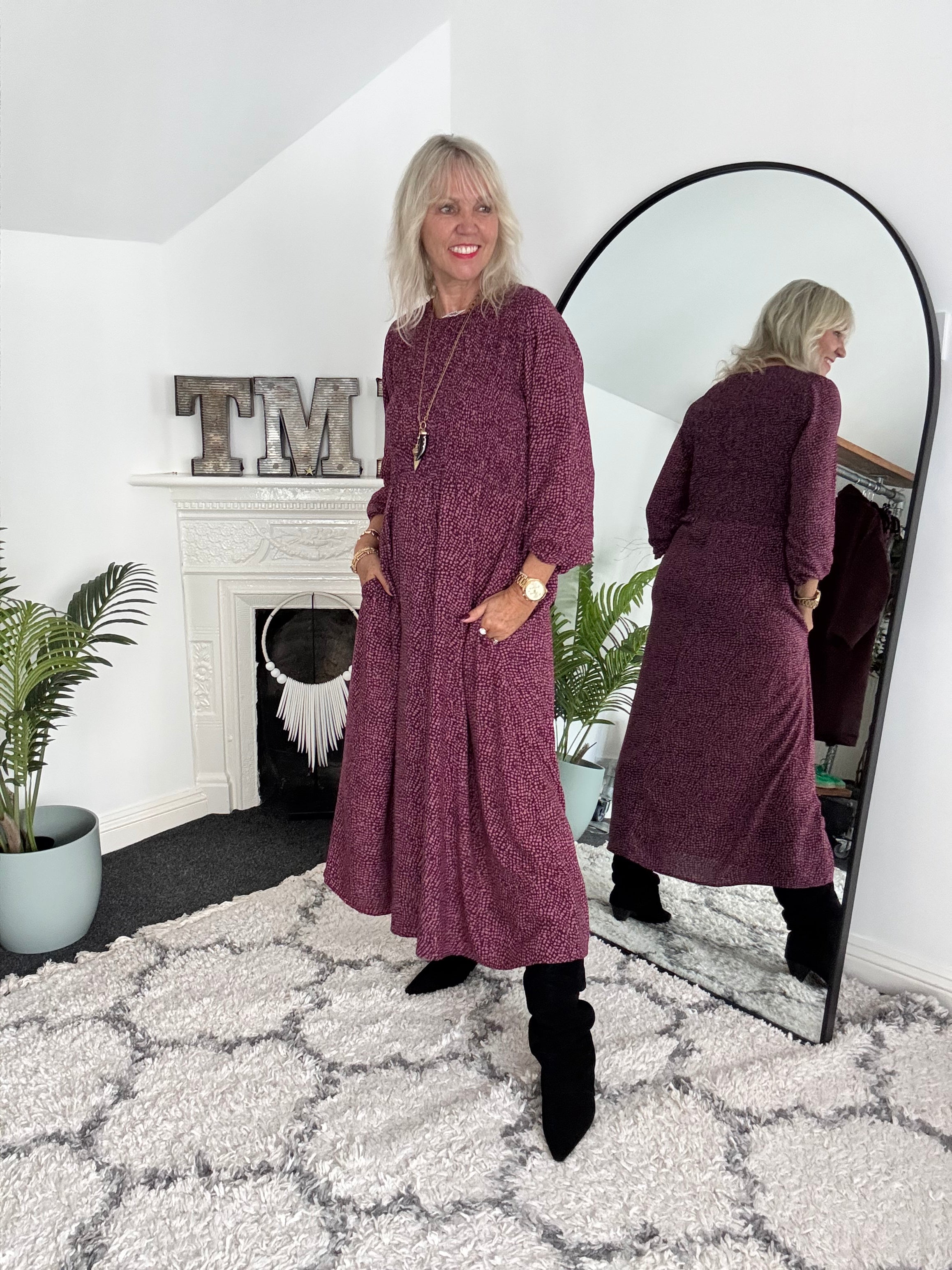 Shirred Dress in Plum