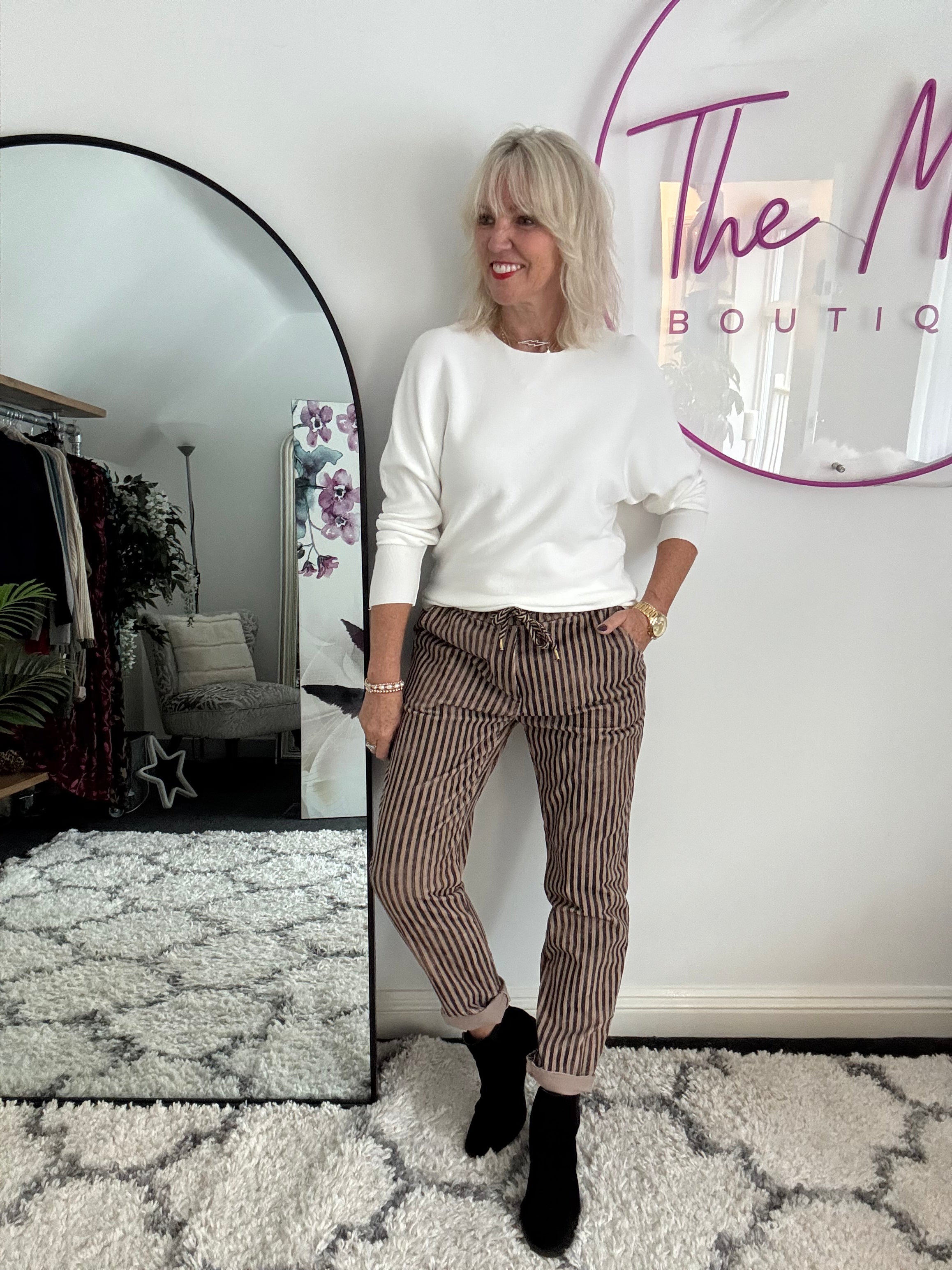 Chenille Cord Joggers in Mocha & Charcoal Stripe