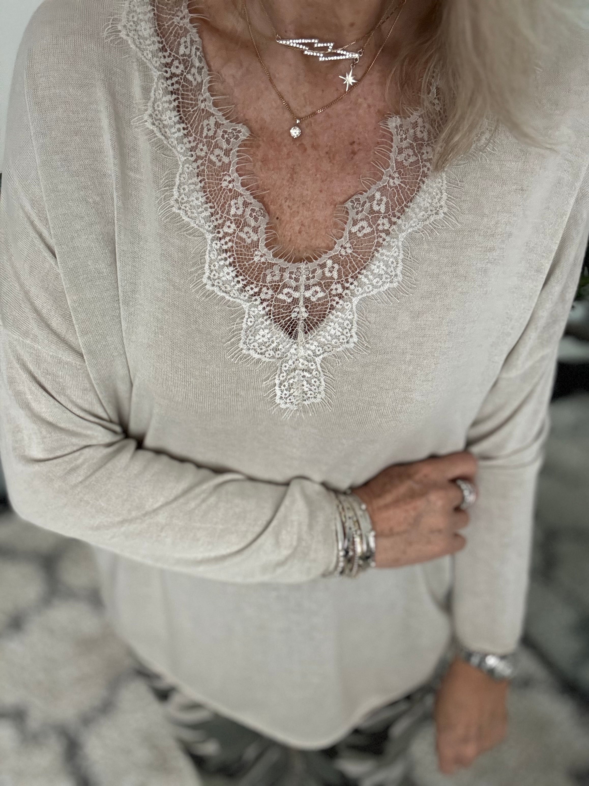 Lace Edge Lightweight Knit in Pale Stone